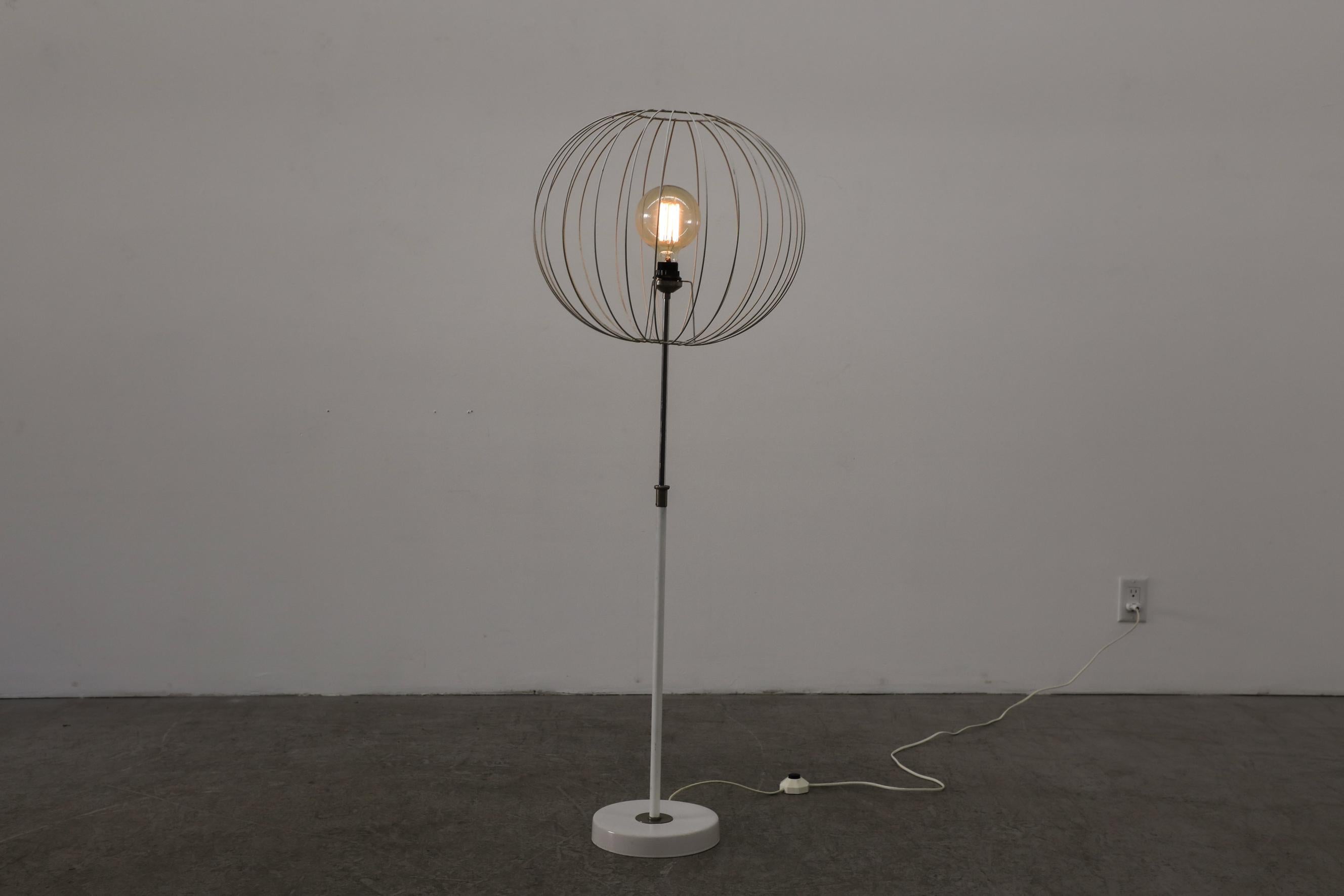 Dutch Raak Height Adjustable Floor Lamp, White Wire Globe Shade, Ceramic Base & Chrome For Sale