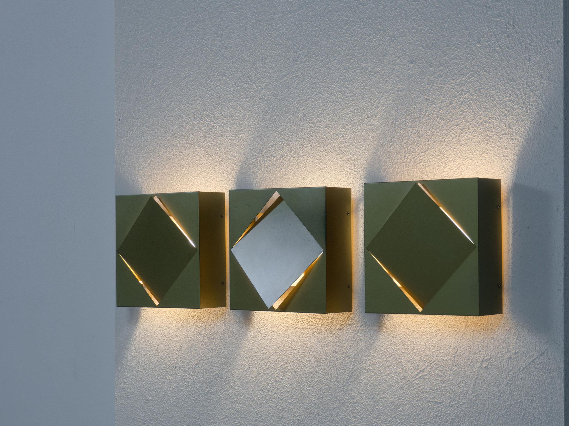 Mid-Century Modern Raak set of three ‘C-1556’ gold/green wall lamps For Sale