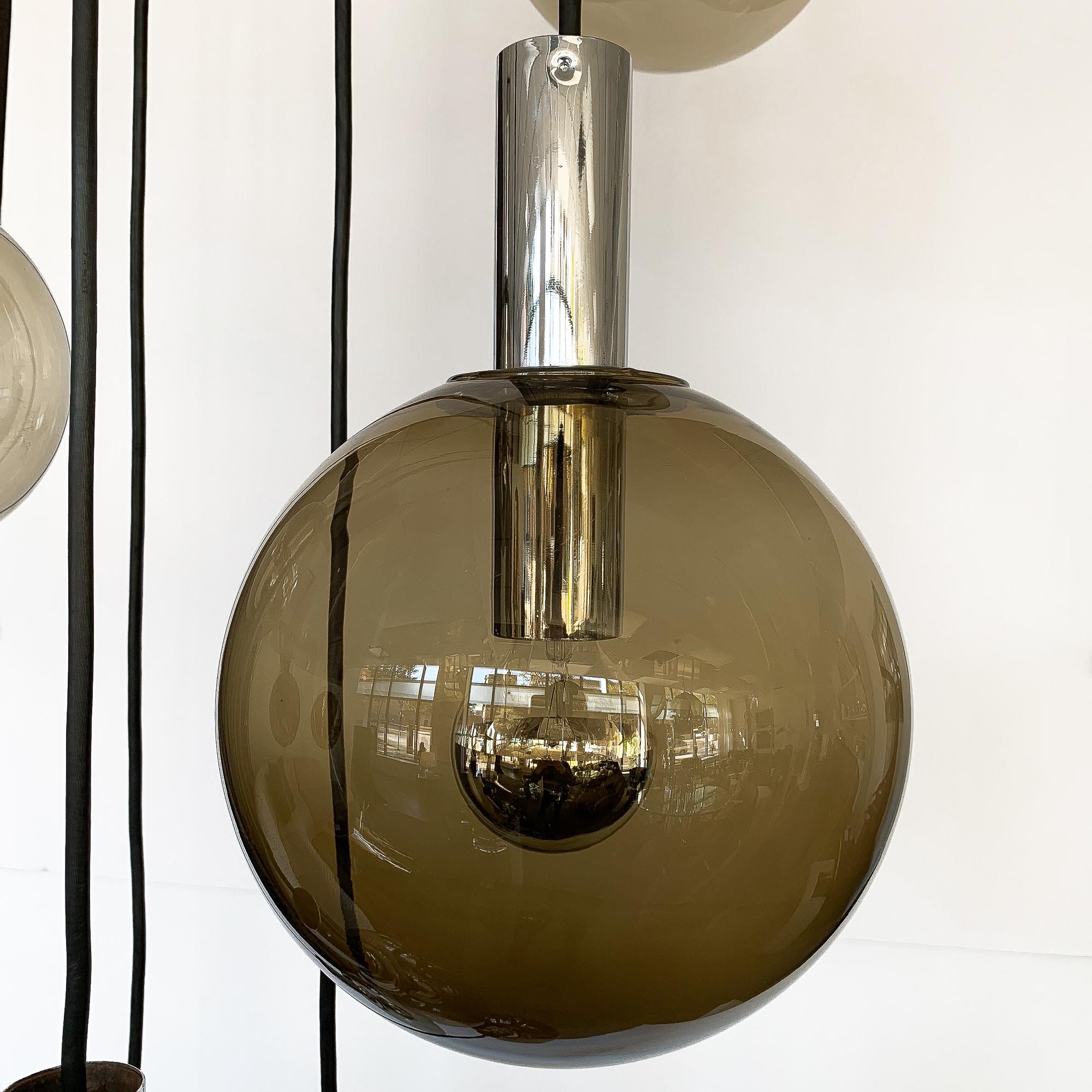 Dutch RAAK Smoked Glass Six Globe and Chrome Pendant Chandelier