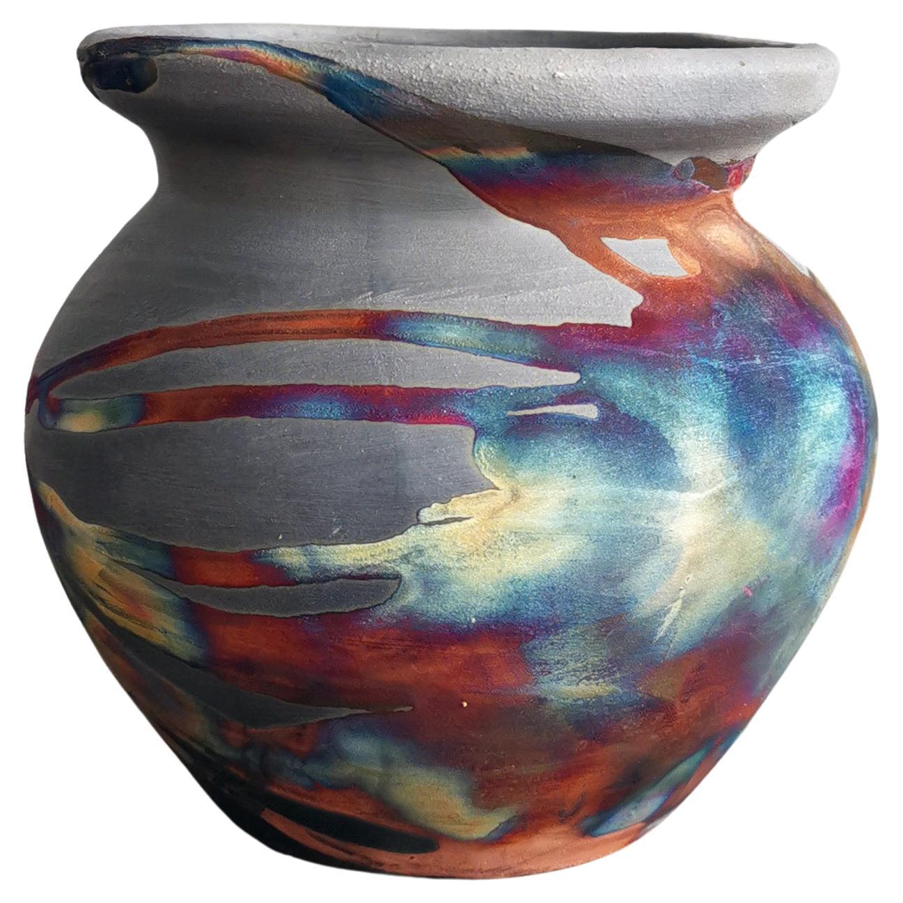 Hofu Raku Ceramic Vase - Carbon Copper - Handmade Pottery Home Decor Gift For Sale