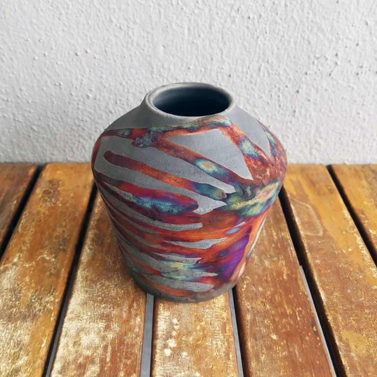 Raaquu Inaka Raku Pottery Vase Smoked Raku Handmade Ceramic