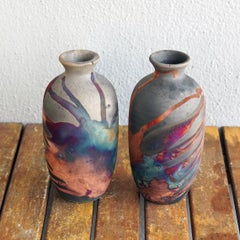 Koban 2 Pack Raku Pottery Vase with Water Tube - Carbon Copper - Handmade