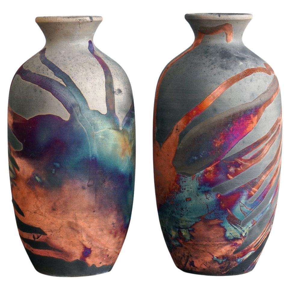 Koban 2 Pack Raku Pottery Vase with Water Tube - Carbon Copper - Handmade
