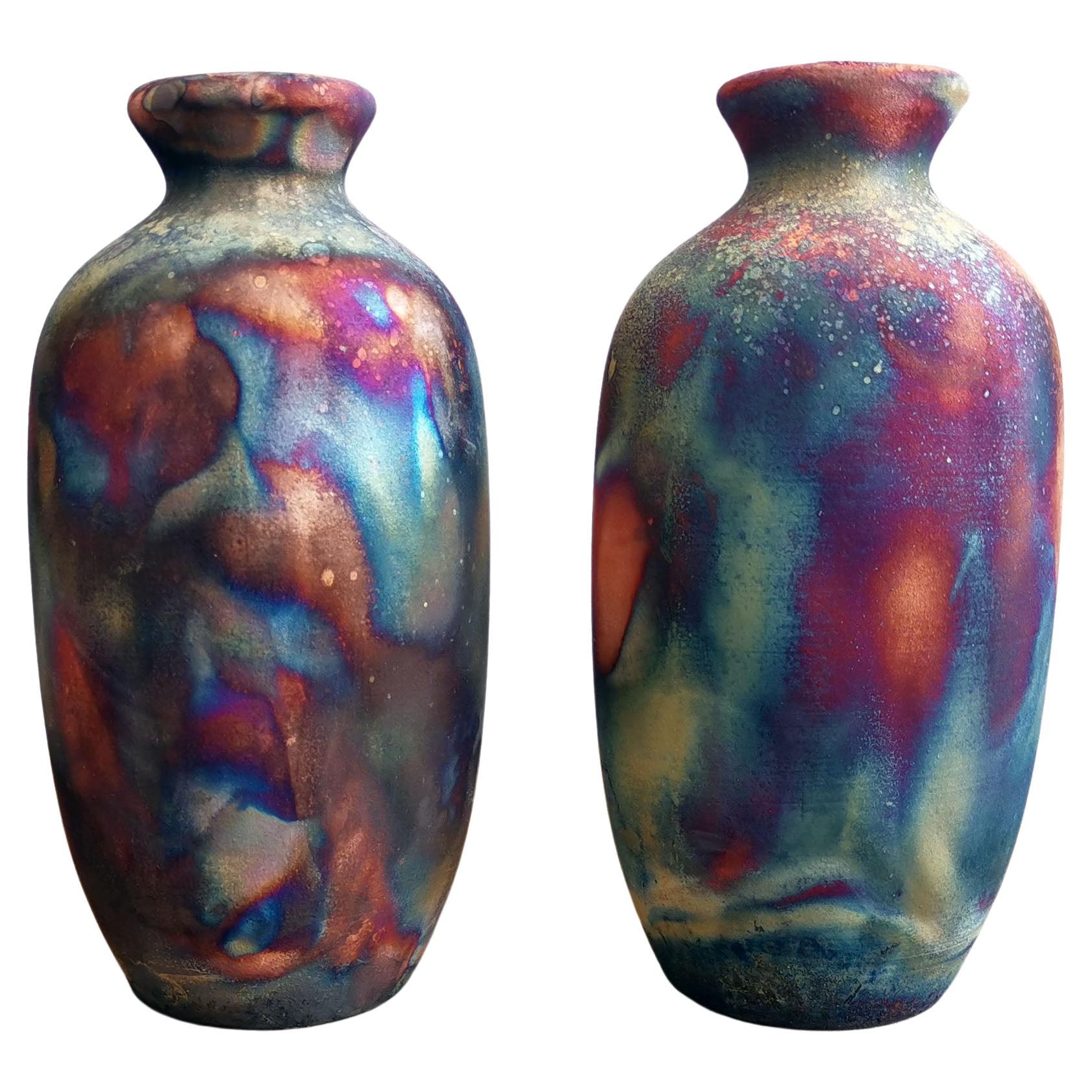 Koban 2 Pack Raku Pottery Vase with Water Tube - Full Copper Matte - Handmade For Sale