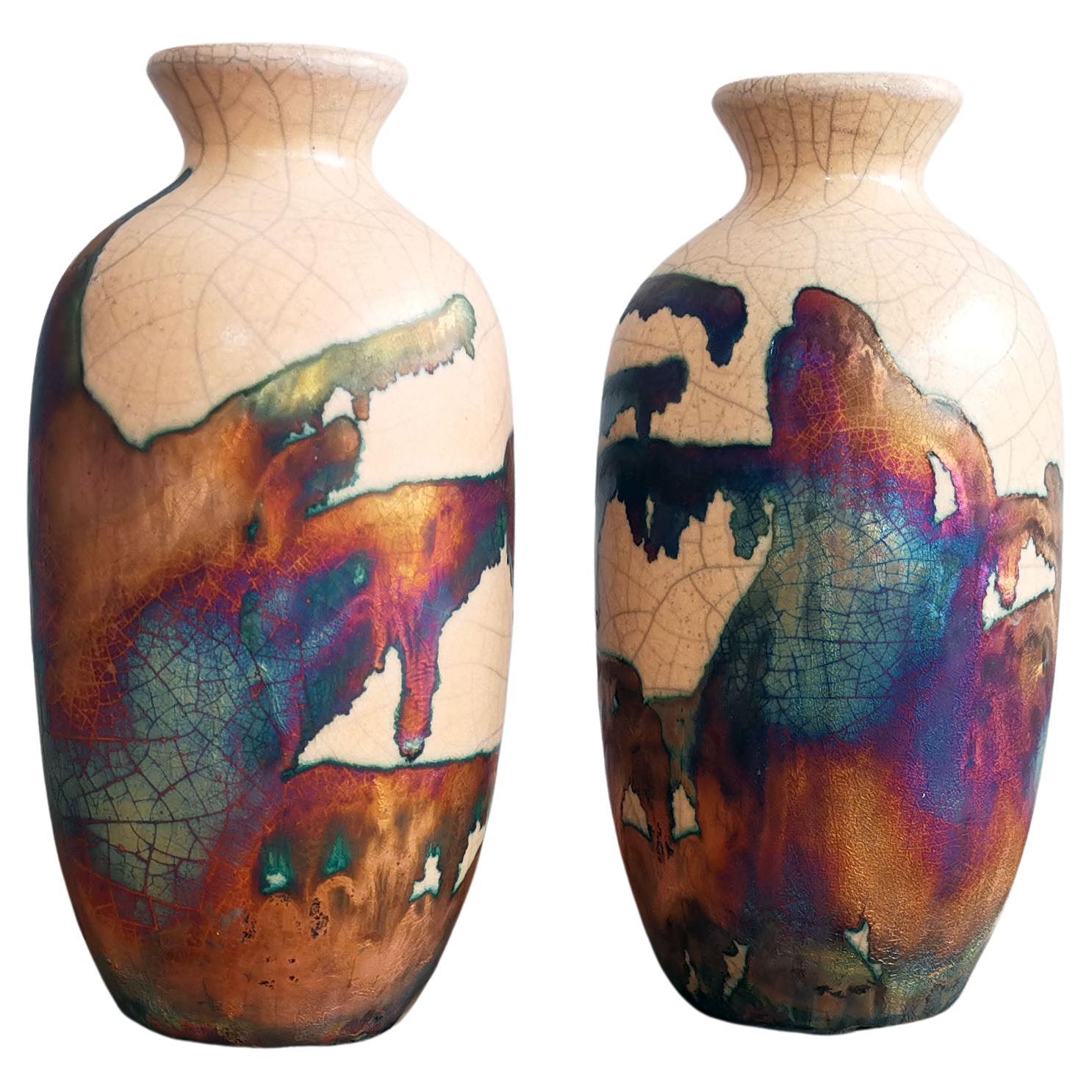 Koban 2 Pack Raku Pottery Vase with Water Tube - Half Copper Matte - Handmade For Sale