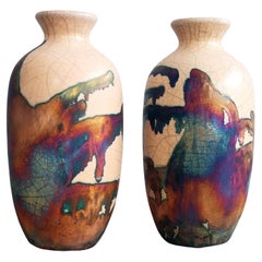 Koban 2 Pack Raku Pottery Vase with Water Tube - Half Copper Matte - Handmade