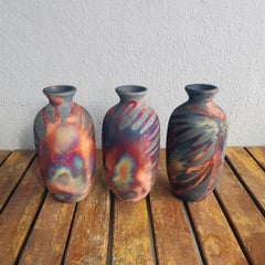 Koban 3 Pack Raku Pottery Vase with Water Tube - Carbon Copper - Handmade
