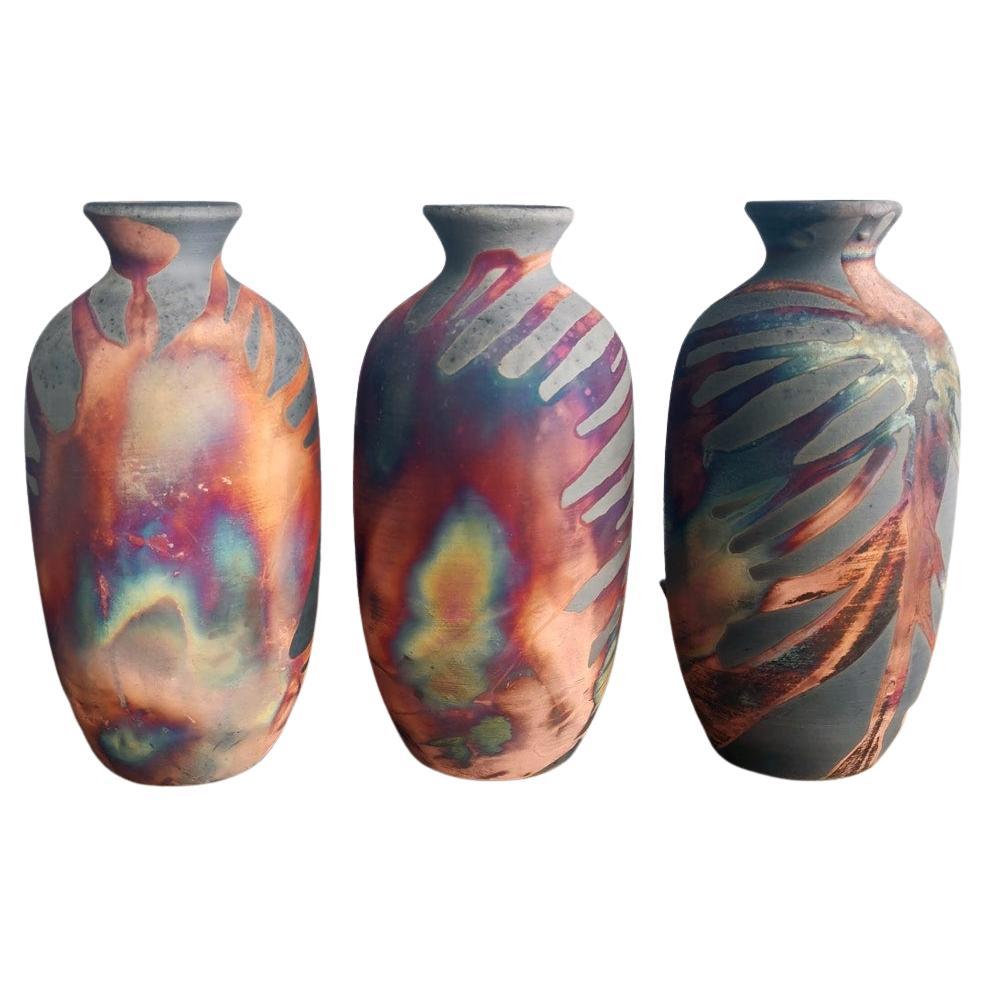 Koban 3 Pack Raku Pottery Vase with Water Tube - Carbon Copper - Handmade For Sale