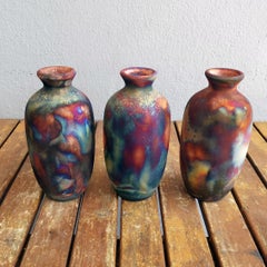Koban 3 Pack Raku Pottery Vase with Water Tube - Full Copper Matte - Handmade