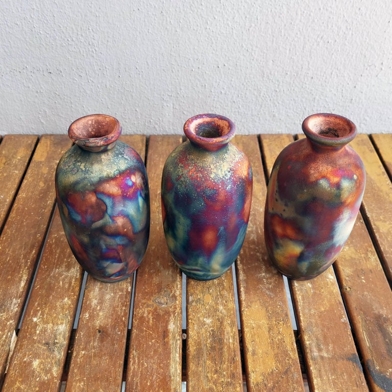 Koban 3 Pack Raku Pottery Vase with Water Tube Full Copper Matte