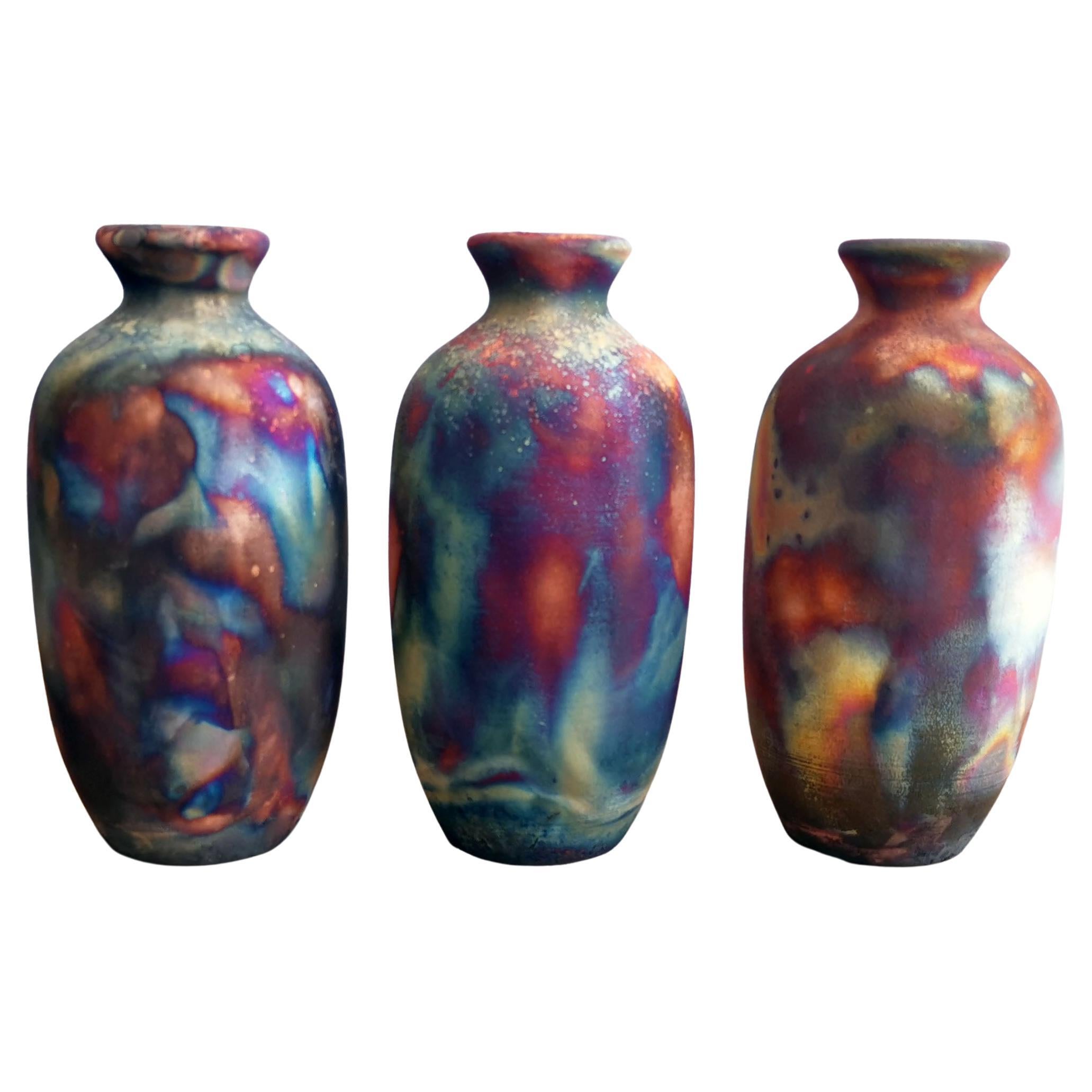 Koban 3 Pack Raku Pottery Vase with Water Tube - Full Copper Matte - Handmade For Sale