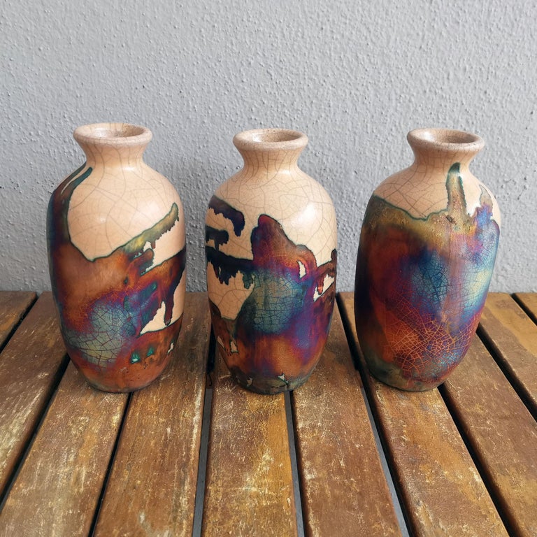 Koban 3 Pack Raku Pottery Vase with Water Tube Half Copper Matte
