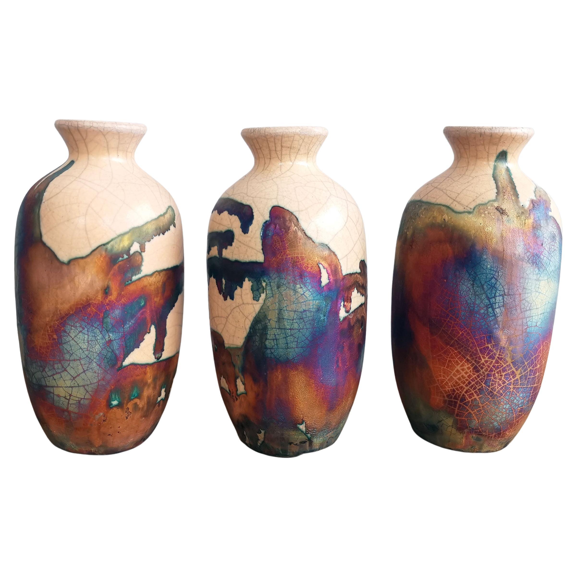 Koban 3 Pack Raku Pottery Vase with Water Tube - Half Copper Matte - Handmade For Sale