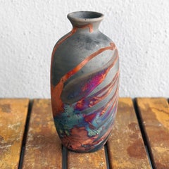 Koban Raku Pottery Vase with Water Tube - Carbon Copper - Handmade Ceramic