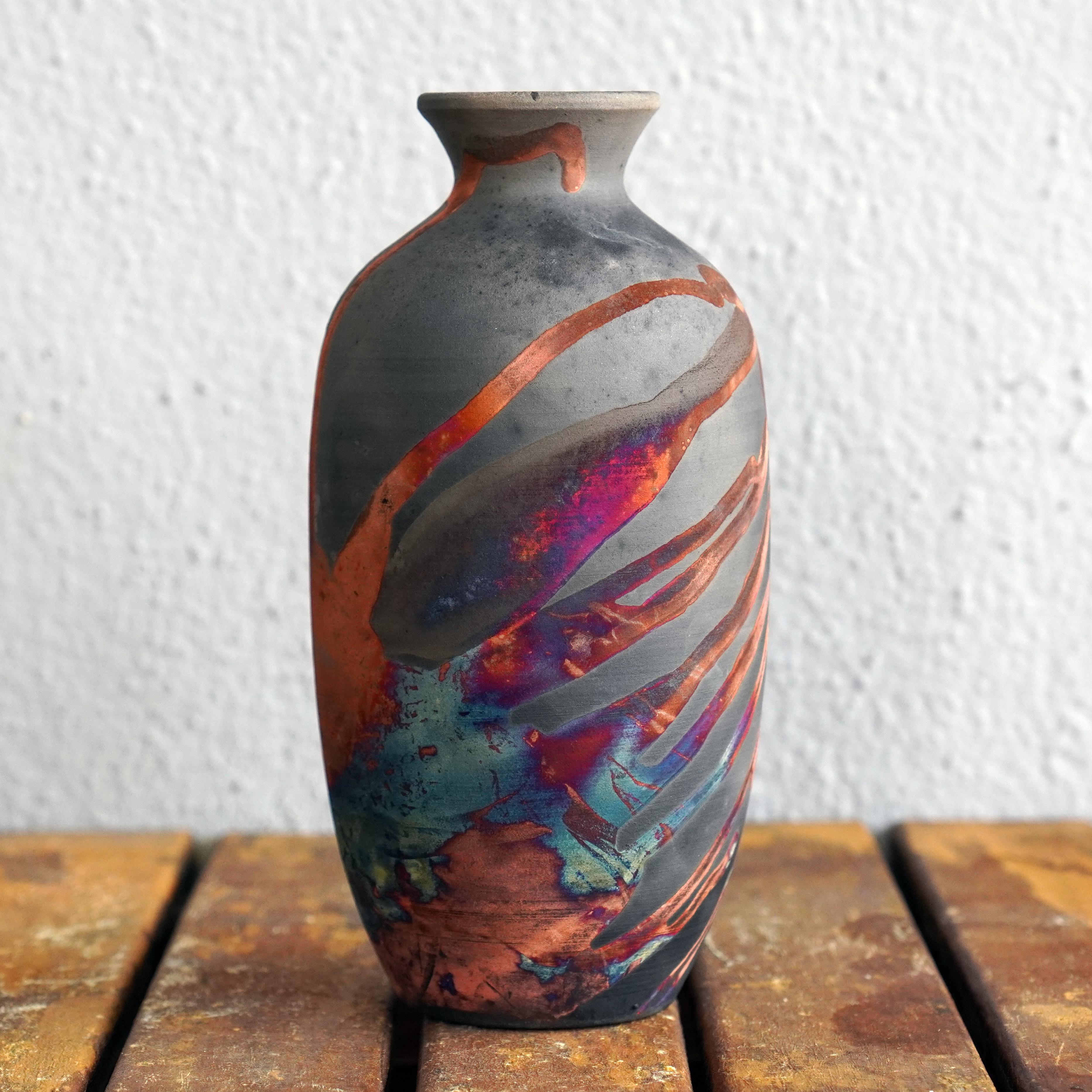 Modern Koban Raku Pottery Vase with Water Tube - Carbon Copper - Handmade Ceramic For Sale