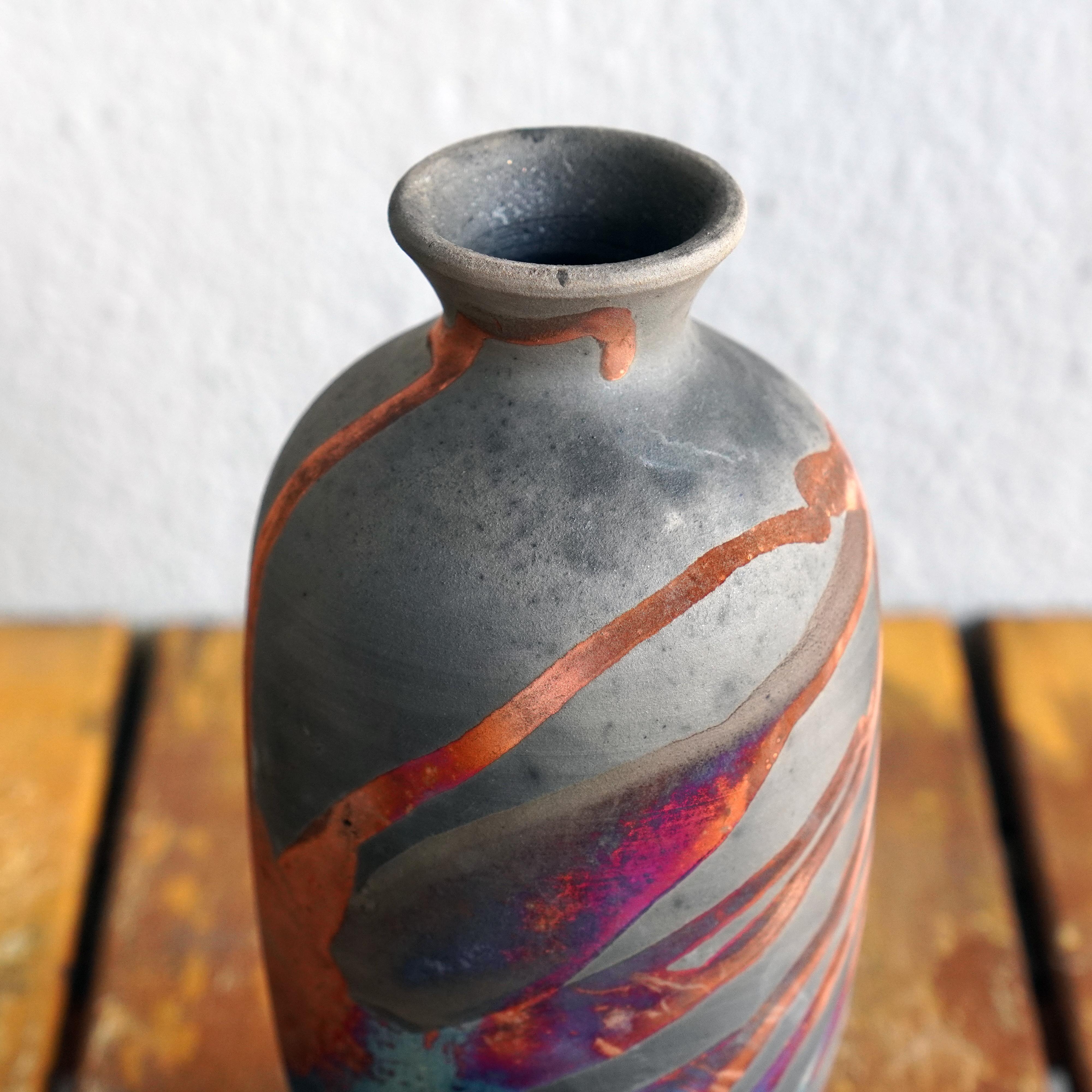 Malaysian Koban Raku Pottery Vase with Water Tube - Carbon Copper - Handmade Ceramic For Sale
