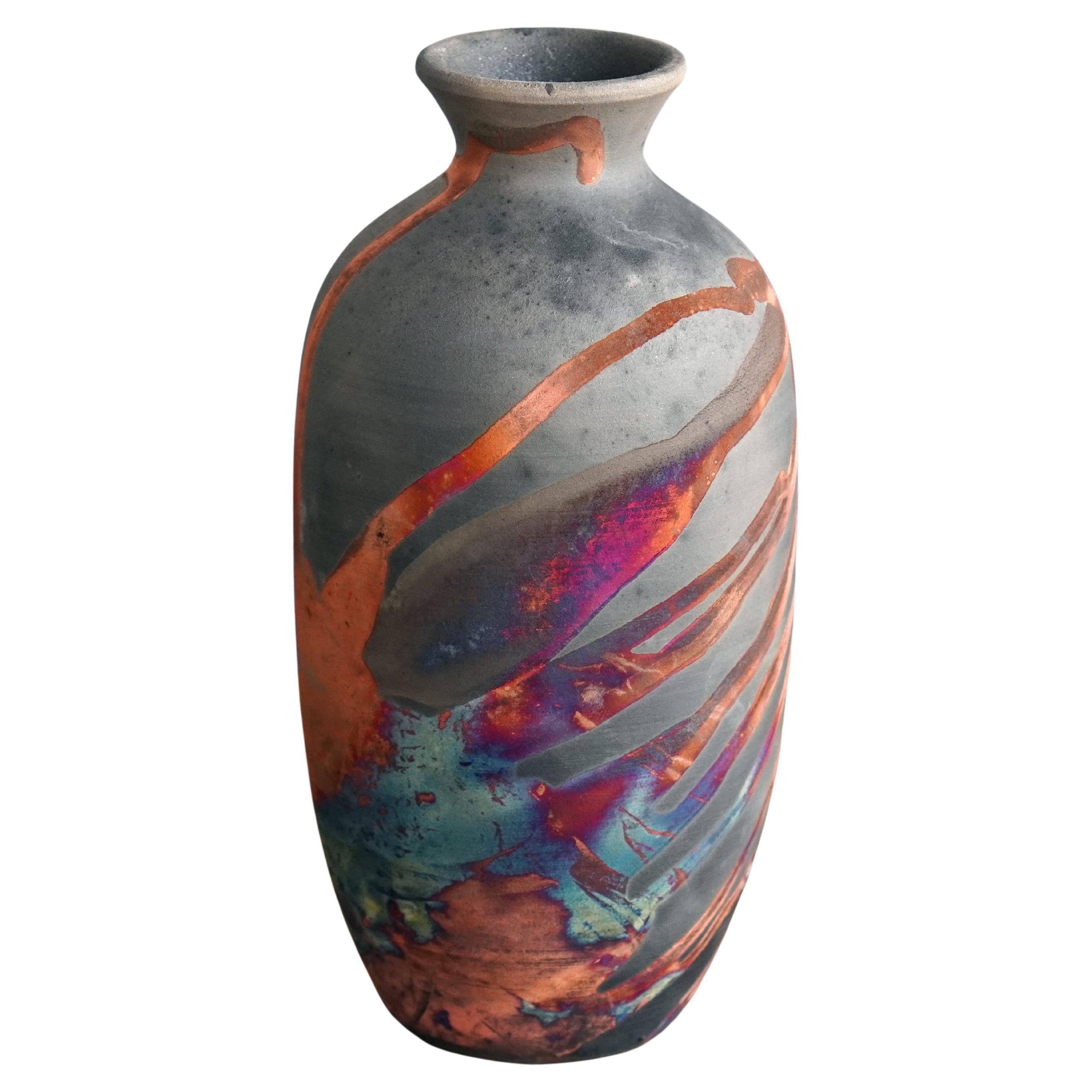 Koban Raku Pottery Vase with Water Tube - Carbon Copper - Handmade Ceramic For Sale