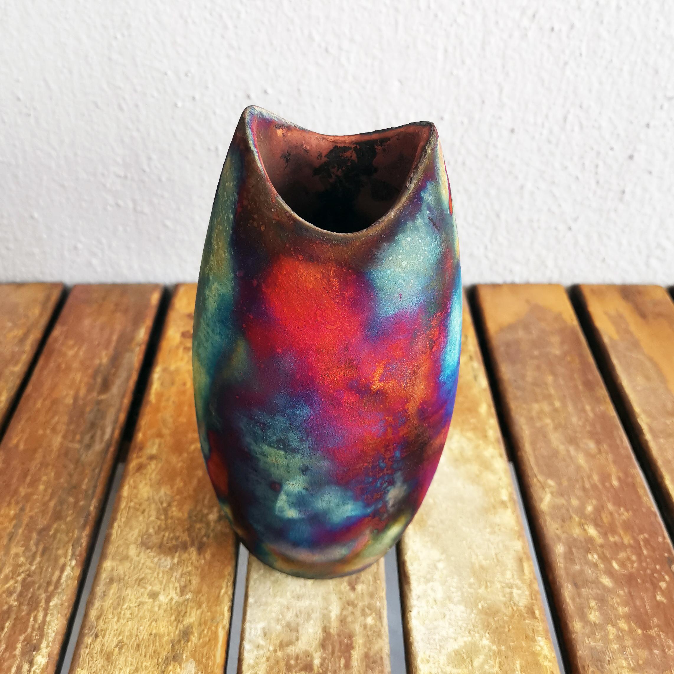 Modern Raaquu Koi Raku Pottery Vase - Full Copper Matte - Handmade Ceramic Home Decor For Sale
