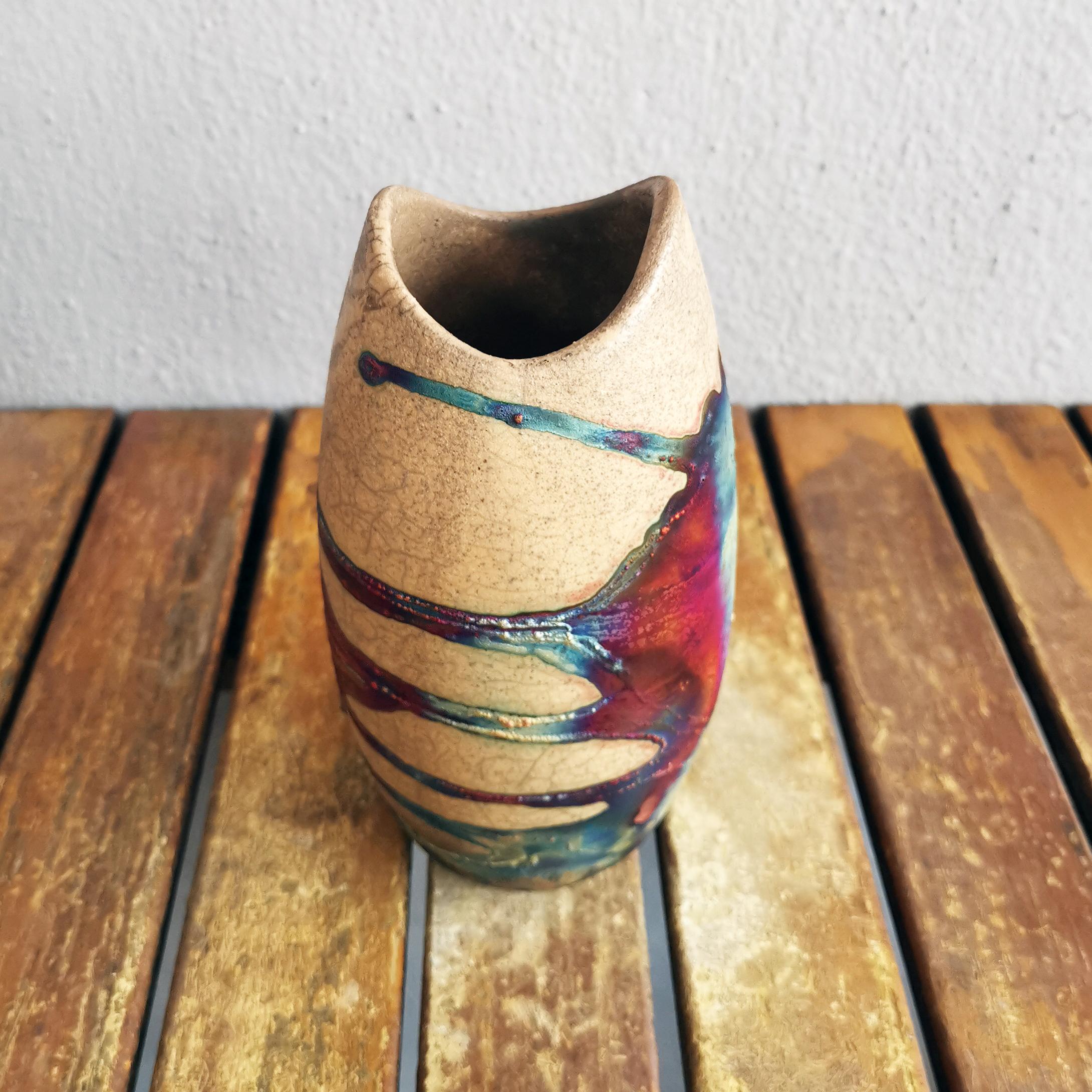 Modern Raaquu Koi Raku Pottery Vase - Half Copper Matte - Handmade Ceramic Home Decor For Sale