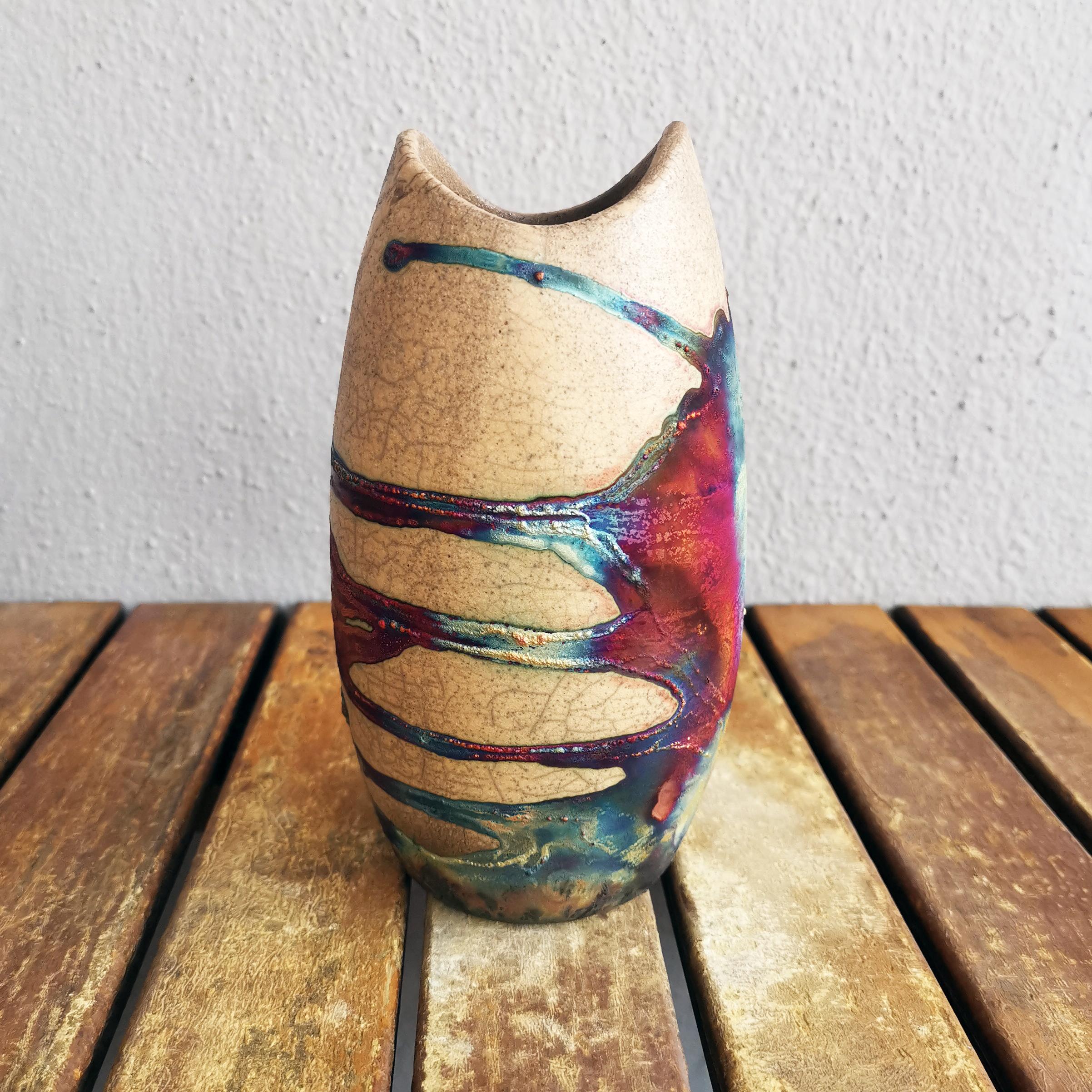 Vase en poterie Raaquu Koi Raku - Demi-cuivre mat - Décoration intérieure en céramique faite à la main