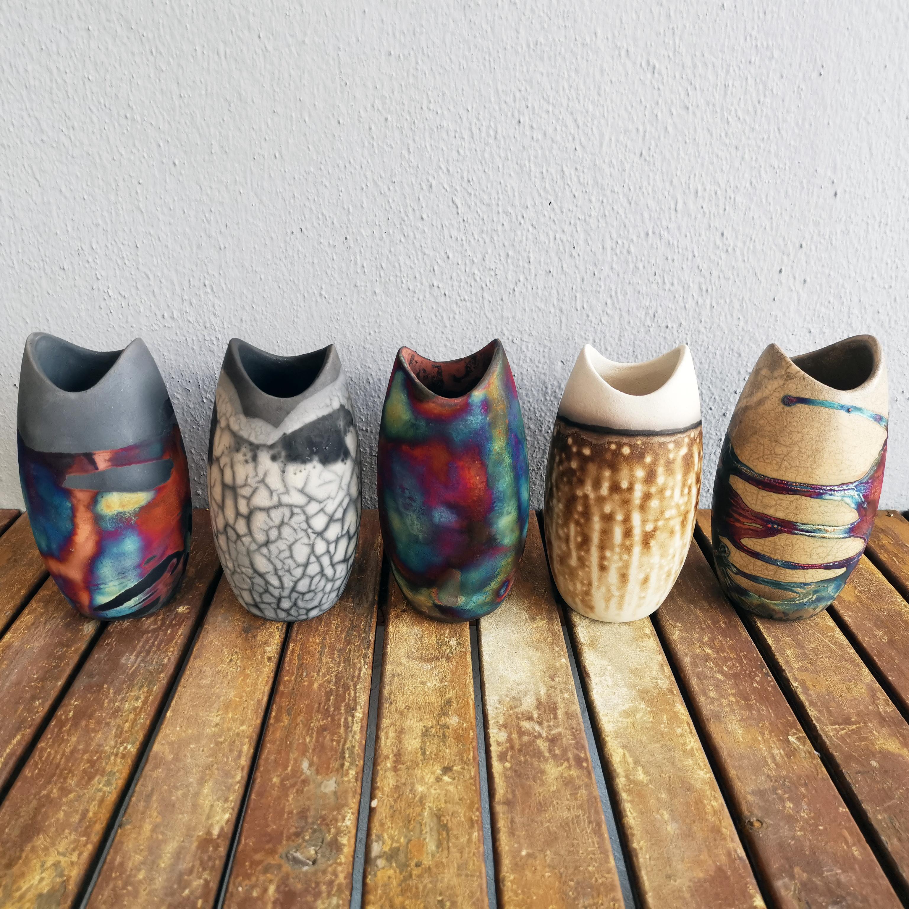 Malaysian Raaquu Koi Raku Pottery Vase, Smoked Raku, Handmade Ceramic Home Decor For Sale