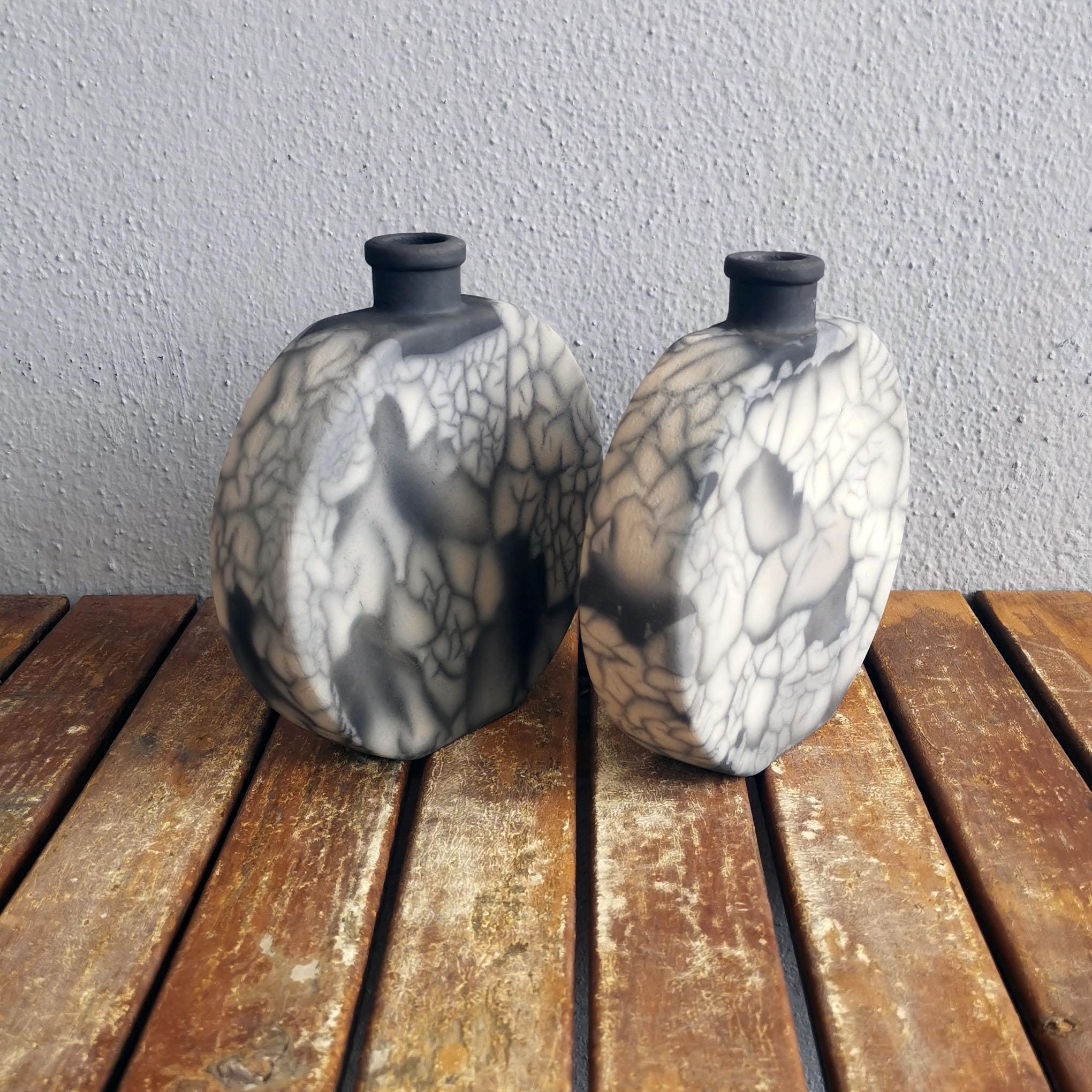 Malaysian Raaquu Kumo 2 Pack Raku Pottery Vase, Smoked Raku, Handmade Ceramic Home Decor For Sale