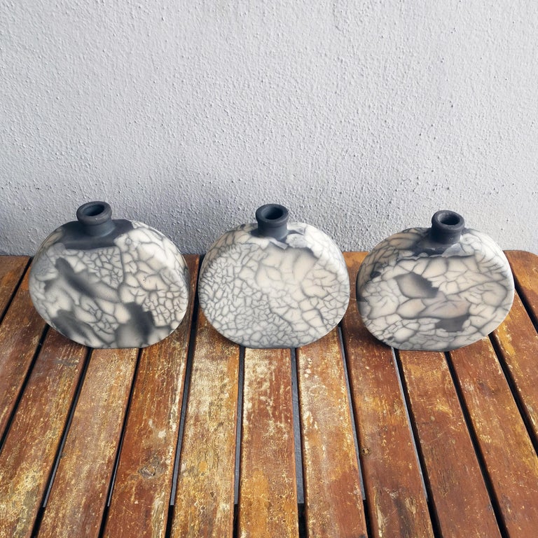 Raaquu Kumo 3 Pack Raku Pottery Vase - Smoked Raku - Handmade Ceramic ...