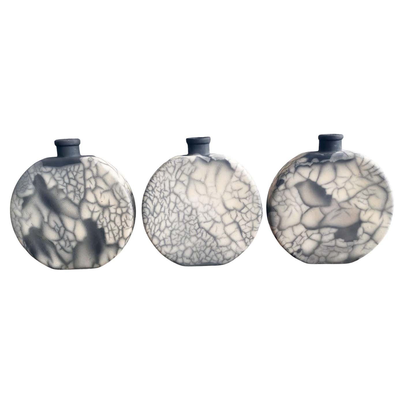 Raaquu Kumo 3 Pack Raku Pottery Vase - Smoked Raku - Handmade Ceramic ...