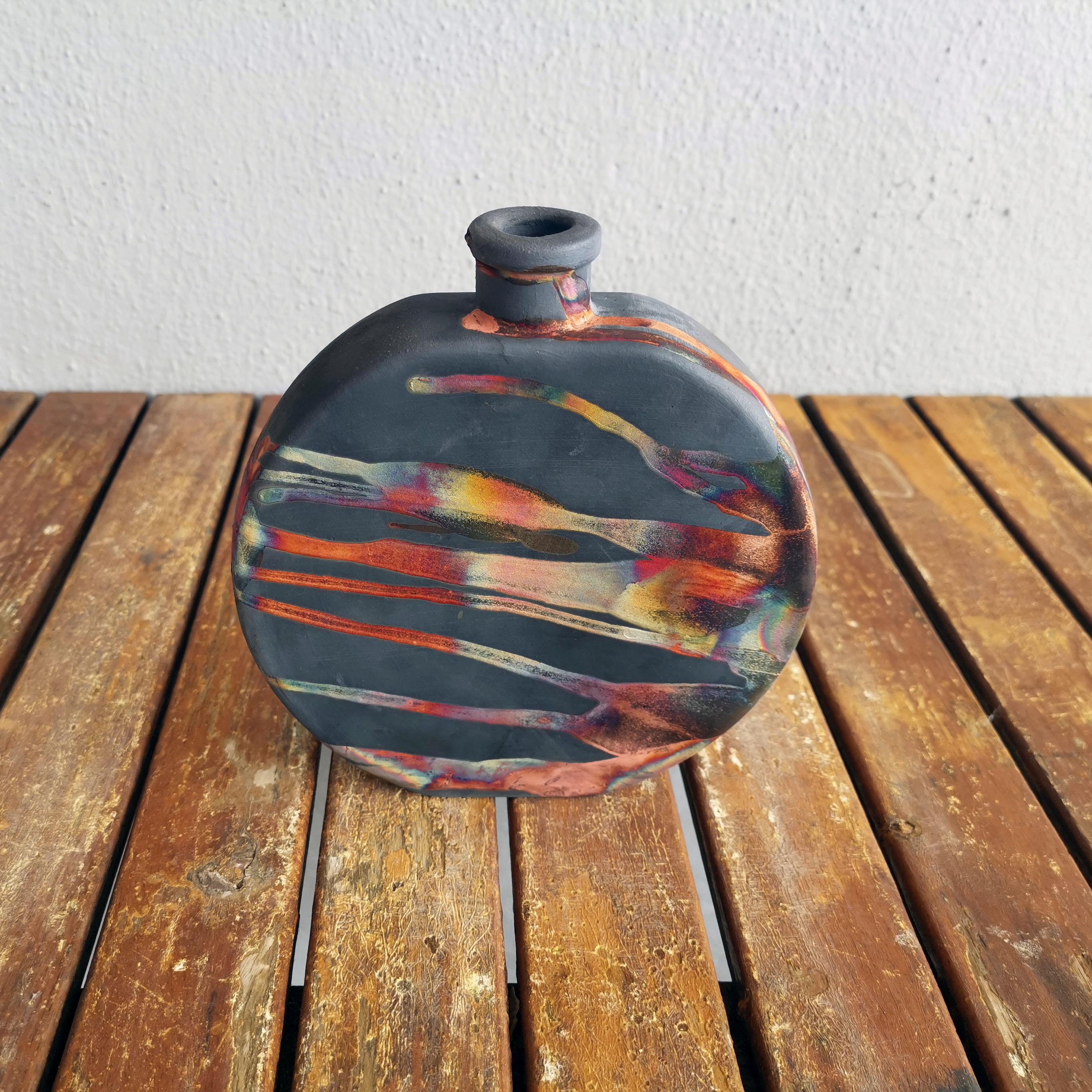 Malaysian Raaquu Kumo Raku Pottery Vase - Carbon Copper - Handmade Ceramic, Malaysia For Sale