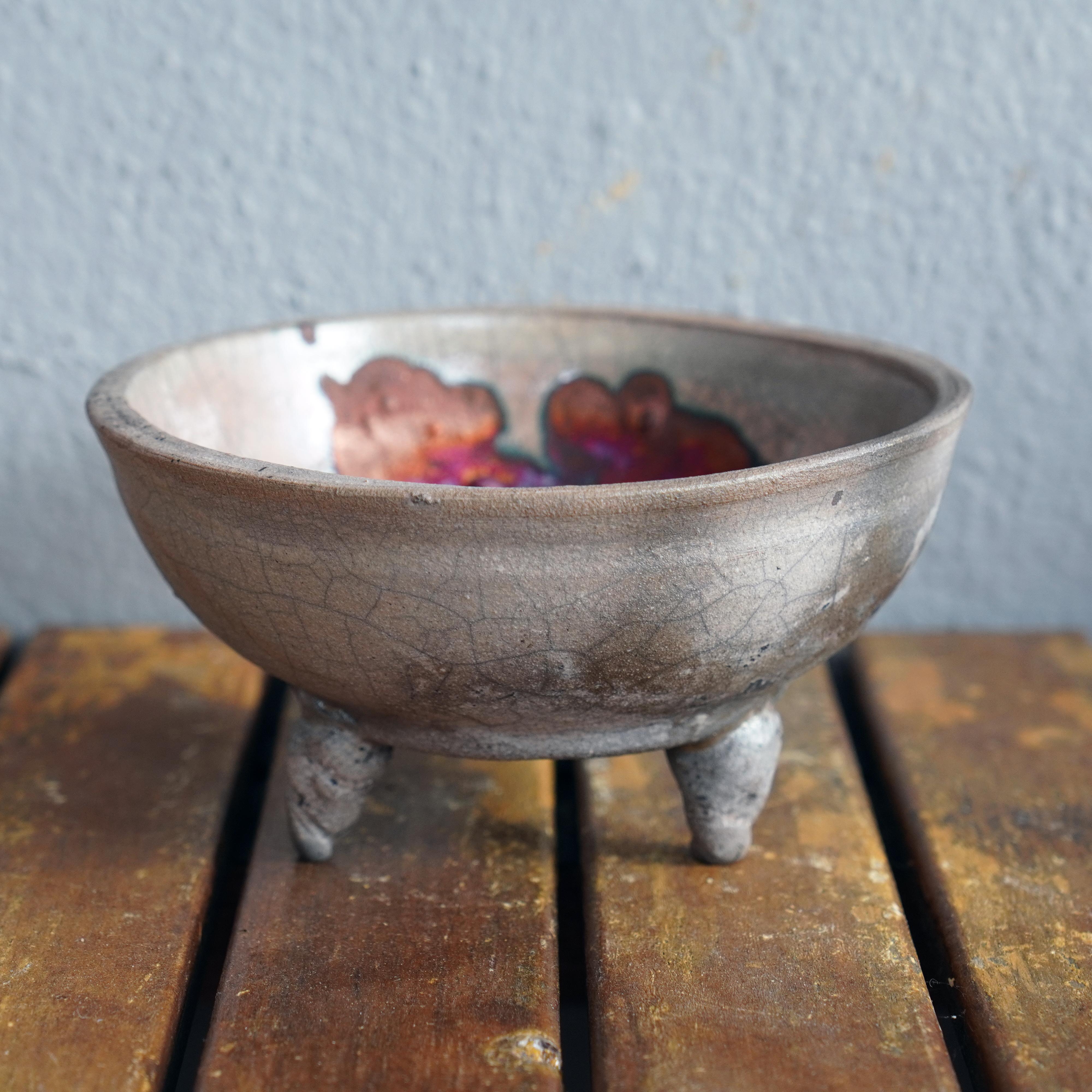 Malaysian Raaquu Mizu Raku Pottery Trinket Bowl - Half Copper Matte - Handmade Ceramic For Sale