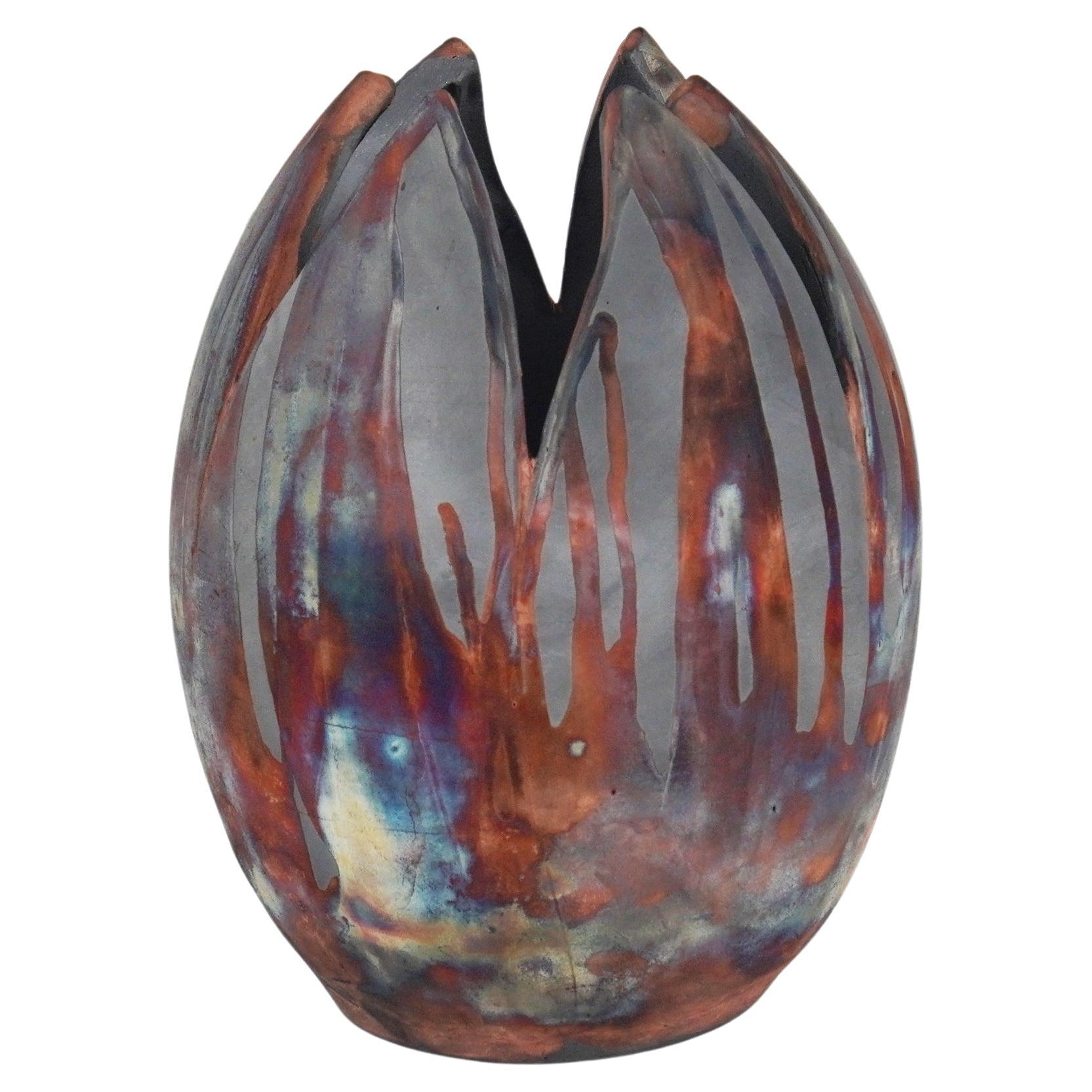 Raaquu Raku Fired Large Flower Vase S/N0000155 Centerpiece Art Series, Malaysia