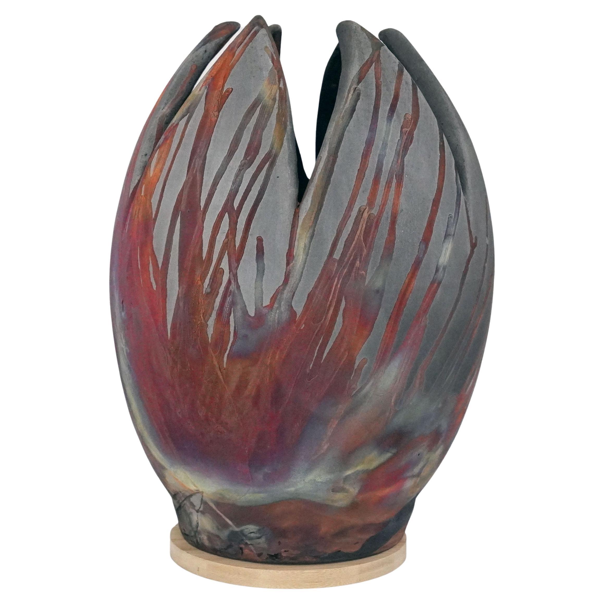 Raaquu Raku Fired Large Flower Vase S/N0000162 Centerpiece Art Series, Malaysia