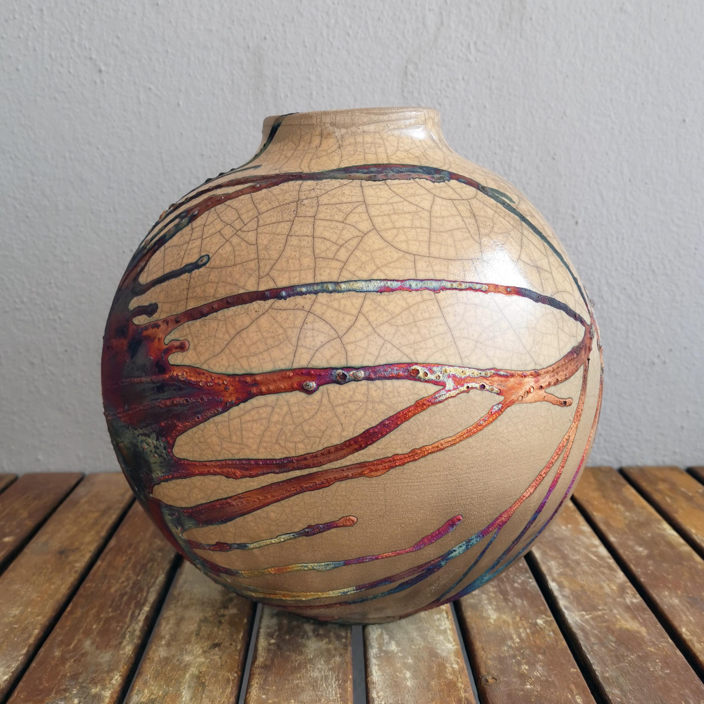 Modern Raaquu Raku Fired Large Globe Vase S/N0000413 Centerpiece Art Series