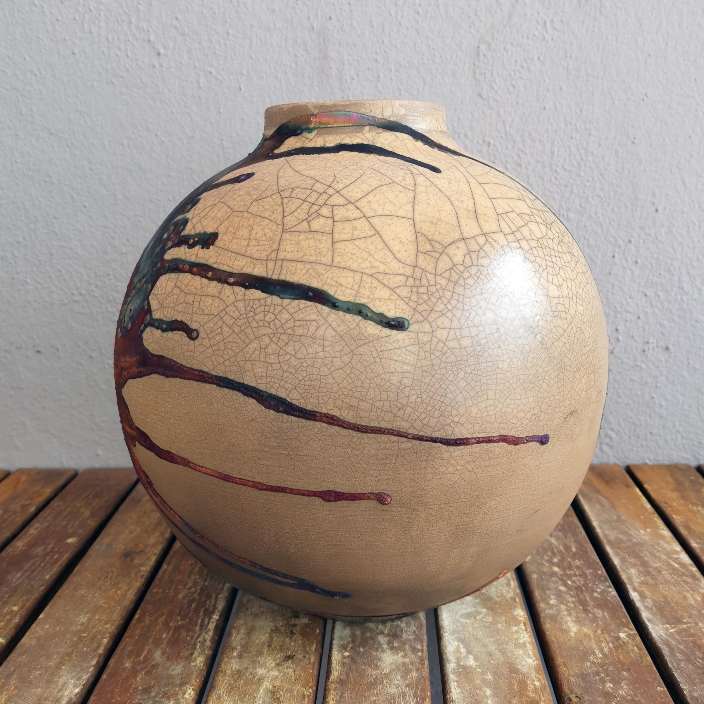 Modern Raaquu Raku Fired Large Globe Vase S/N0000417 Centerpiece Art Series For Sale