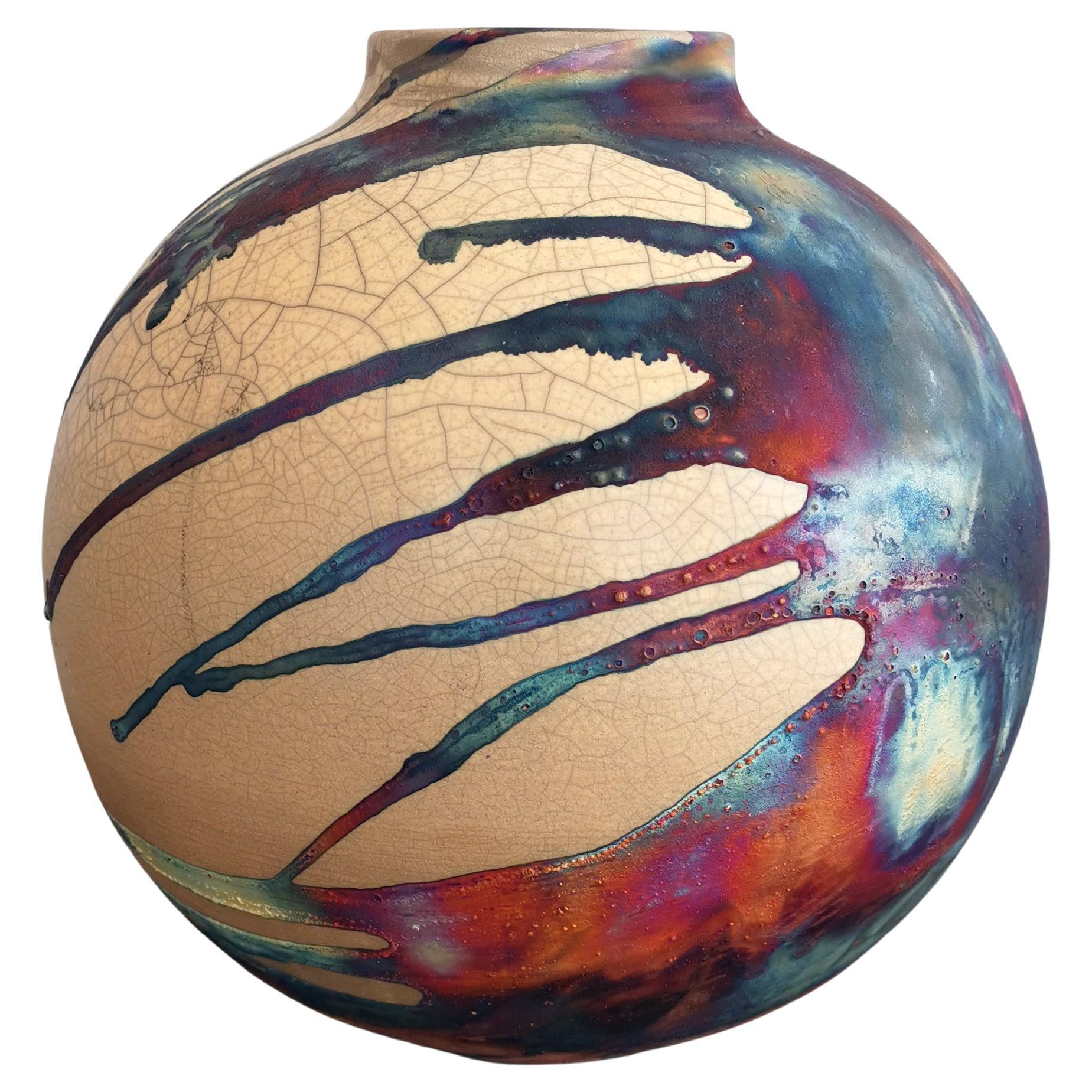 Raaquu Raku Fired Large Globe Vase S/N0000417 Centerpiece Art Series For Sale