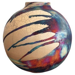 Raaquu Raku Fired Large Globe Vase S/N0000417 Centerpiece Art Series