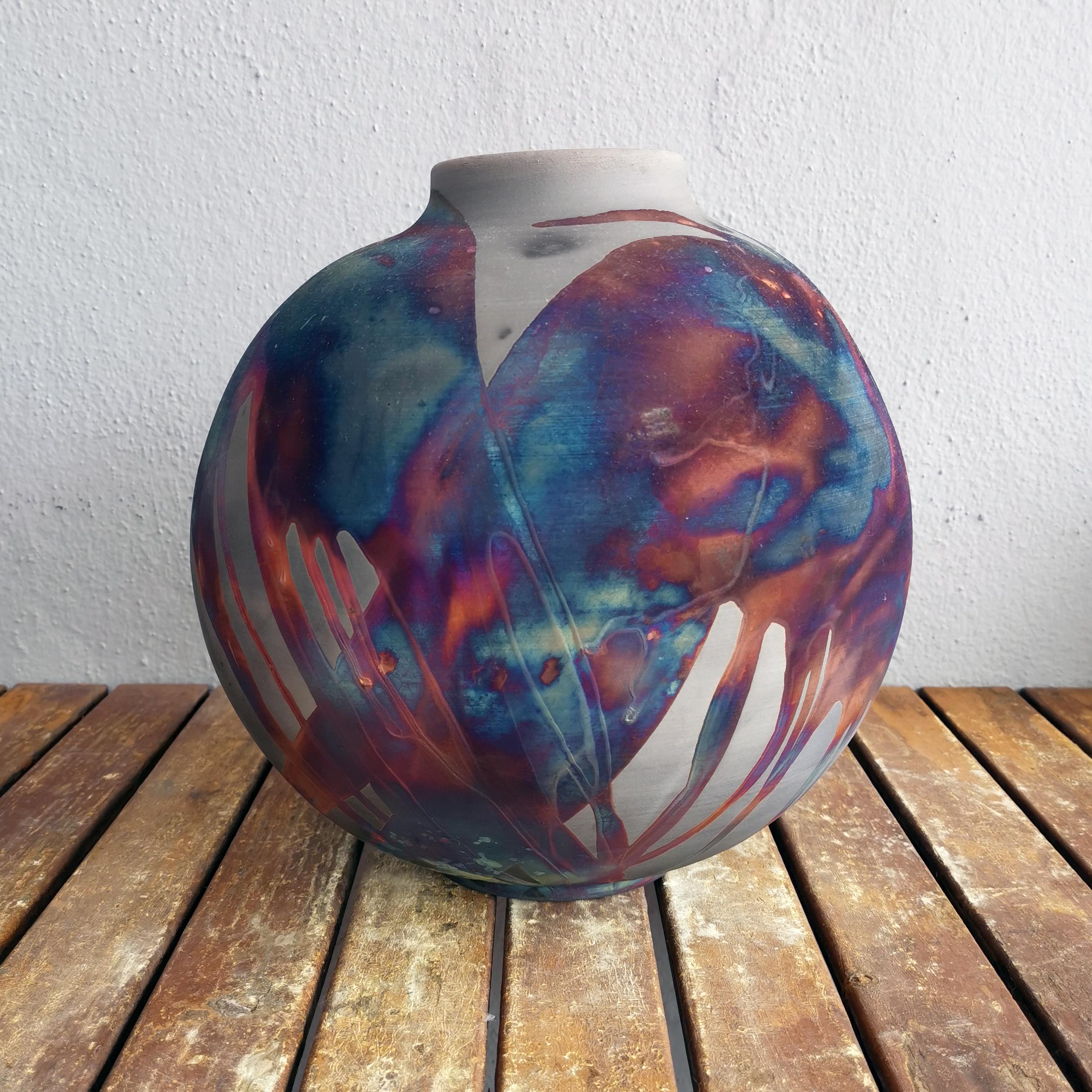 Modern Raaquu Raku Fired Large Globe Vase S/N0000585 Centerpiece Art Series For Sale