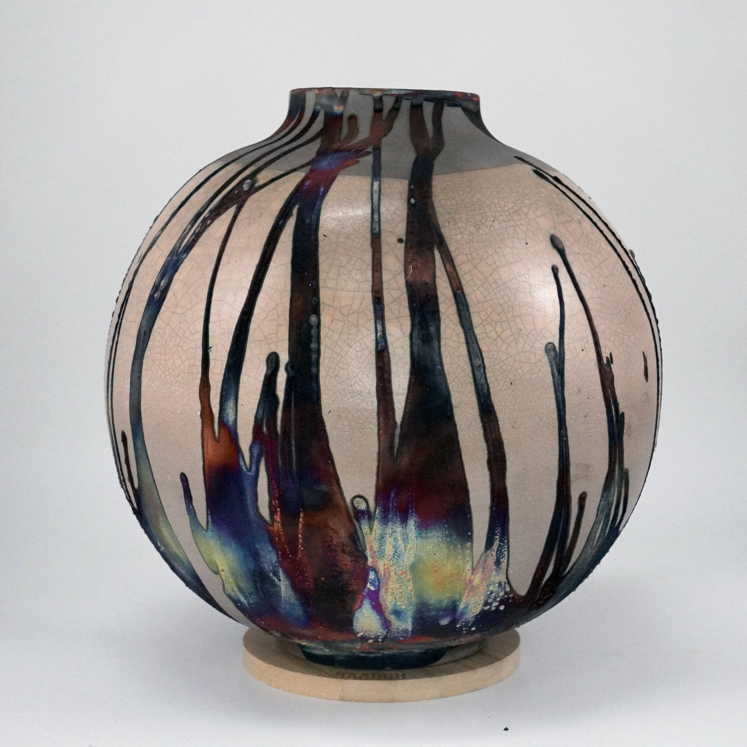 Modern Raaquu Raku Fired Large Globe Vase S/N0000342 Centerpiece Art Series