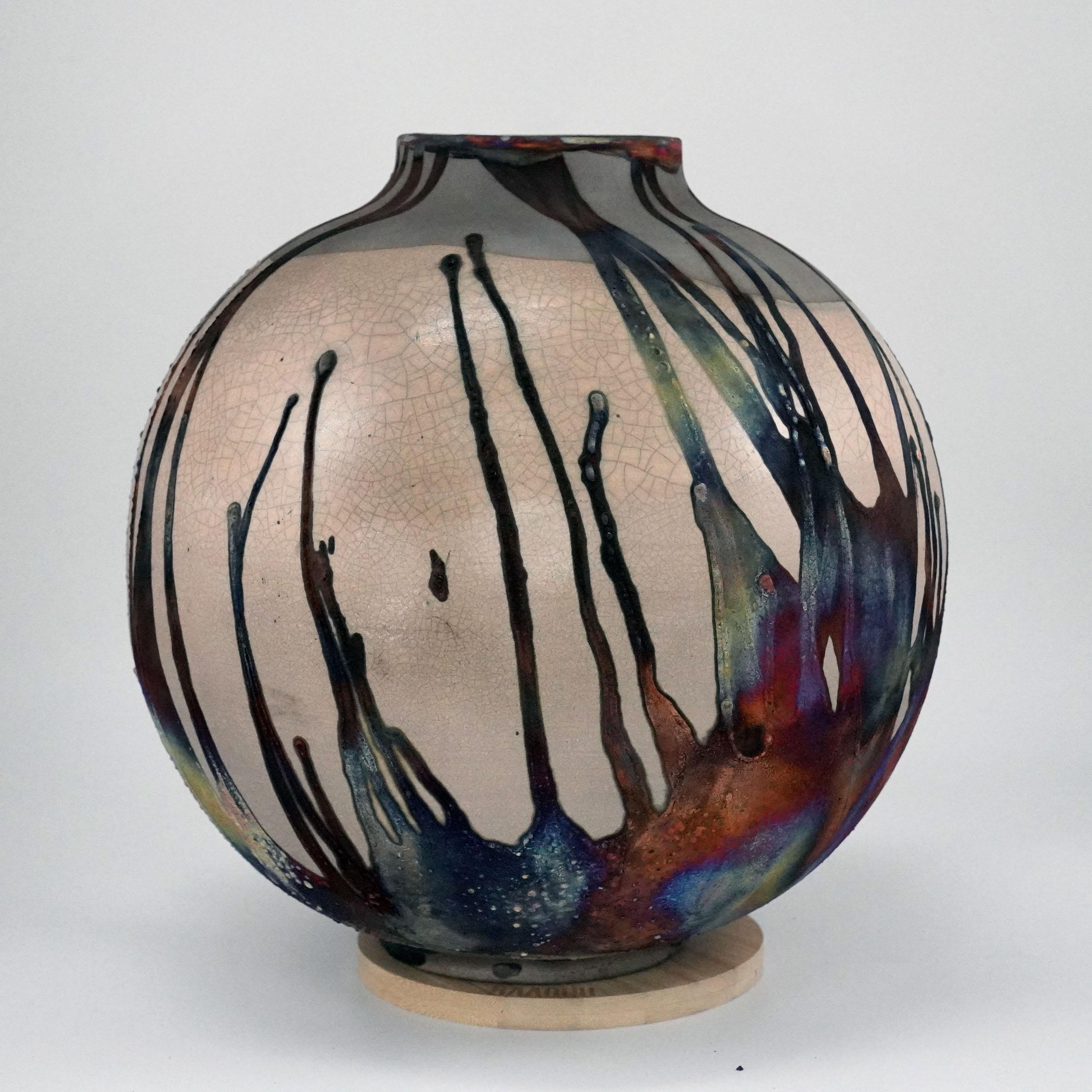 Malaysian Raaquu Raku Fired Large Globe Vase S/N0000342 Centerpiece Art Series