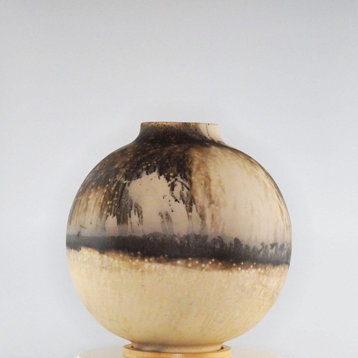Modern Raaquu Raku Fired Large Globe Vase S/N0000391 Centerpiece Art Series, Malaysia For Sale