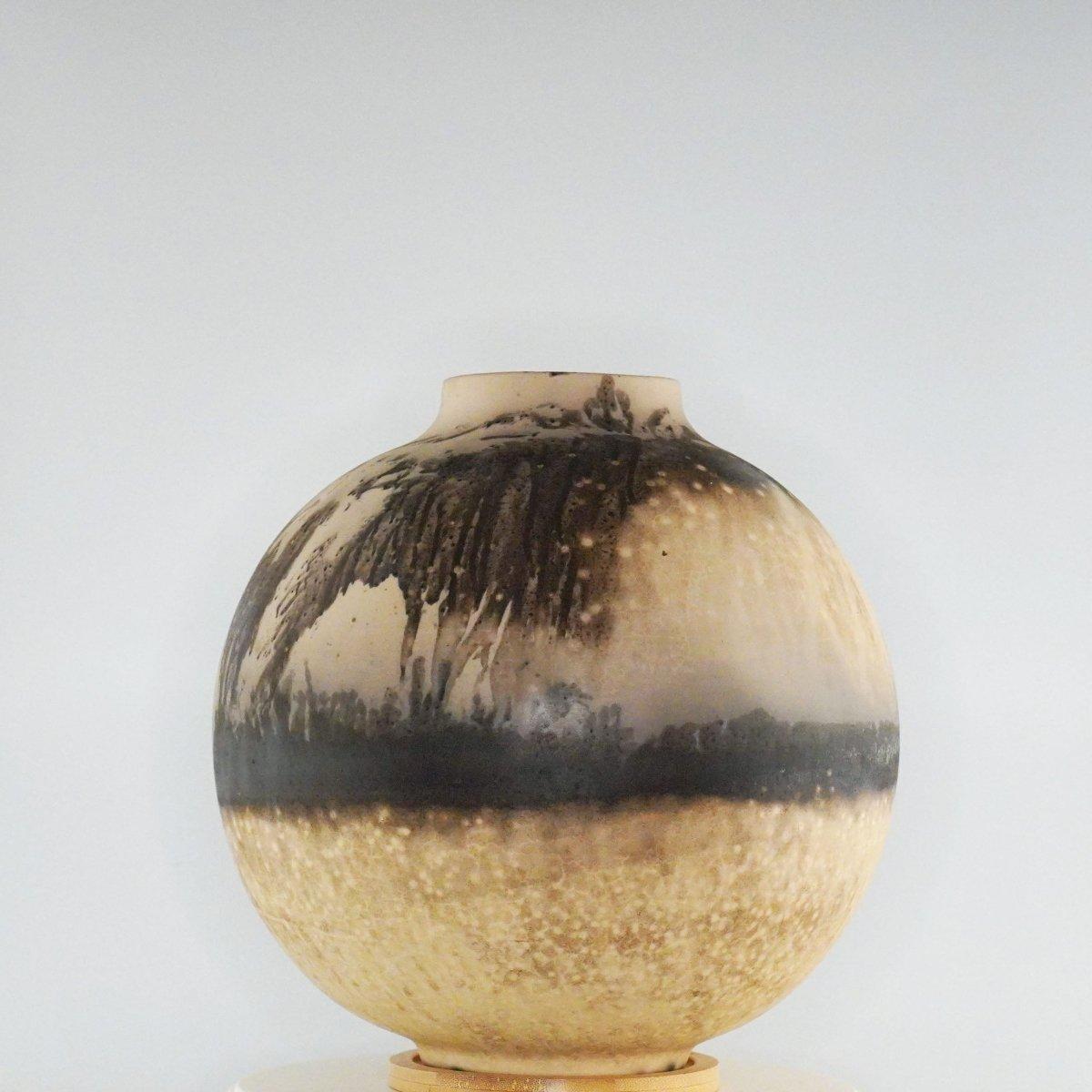Ceramic Raaquu Raku Fired Large Globe Vase S/N0000391 Centerpiece Art Series, Malaysia For Sale