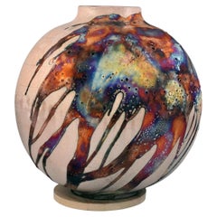 Raaquu Raku Fired Large Globe Vase S/N0000401 Centerpiece Art Series
