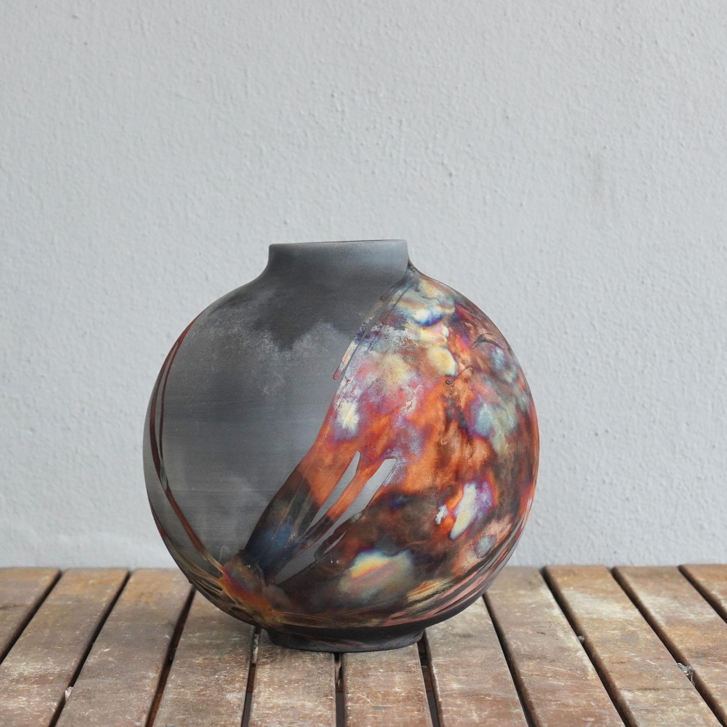 Modern Raaquu Raku Fired Large Globe Vase S/N0000418 Centerpiece Art Series, Malaysia