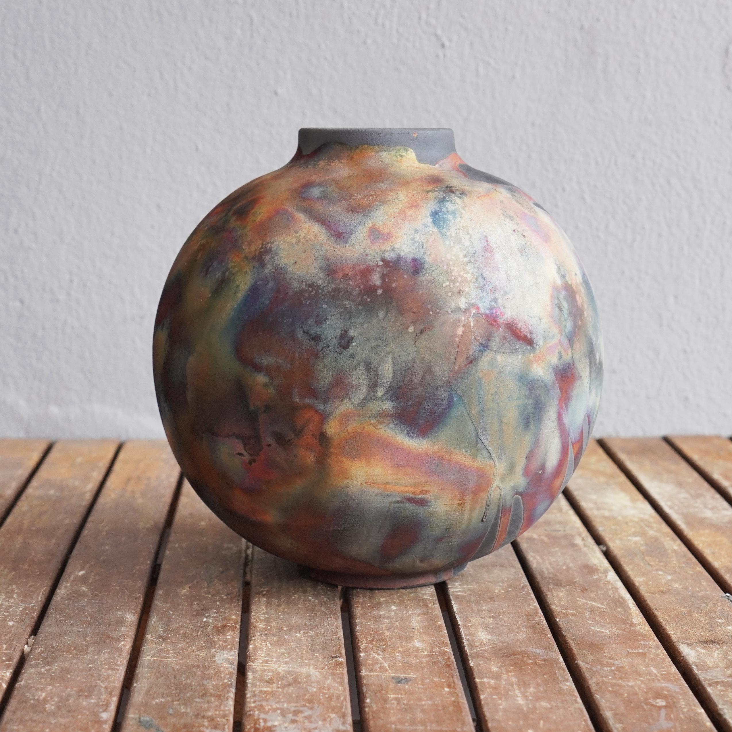 Raaquu Raku Jarrón Globo Grande Cocido S/N0000422 Centro de mesa Serie Arte, Malasia Malasio