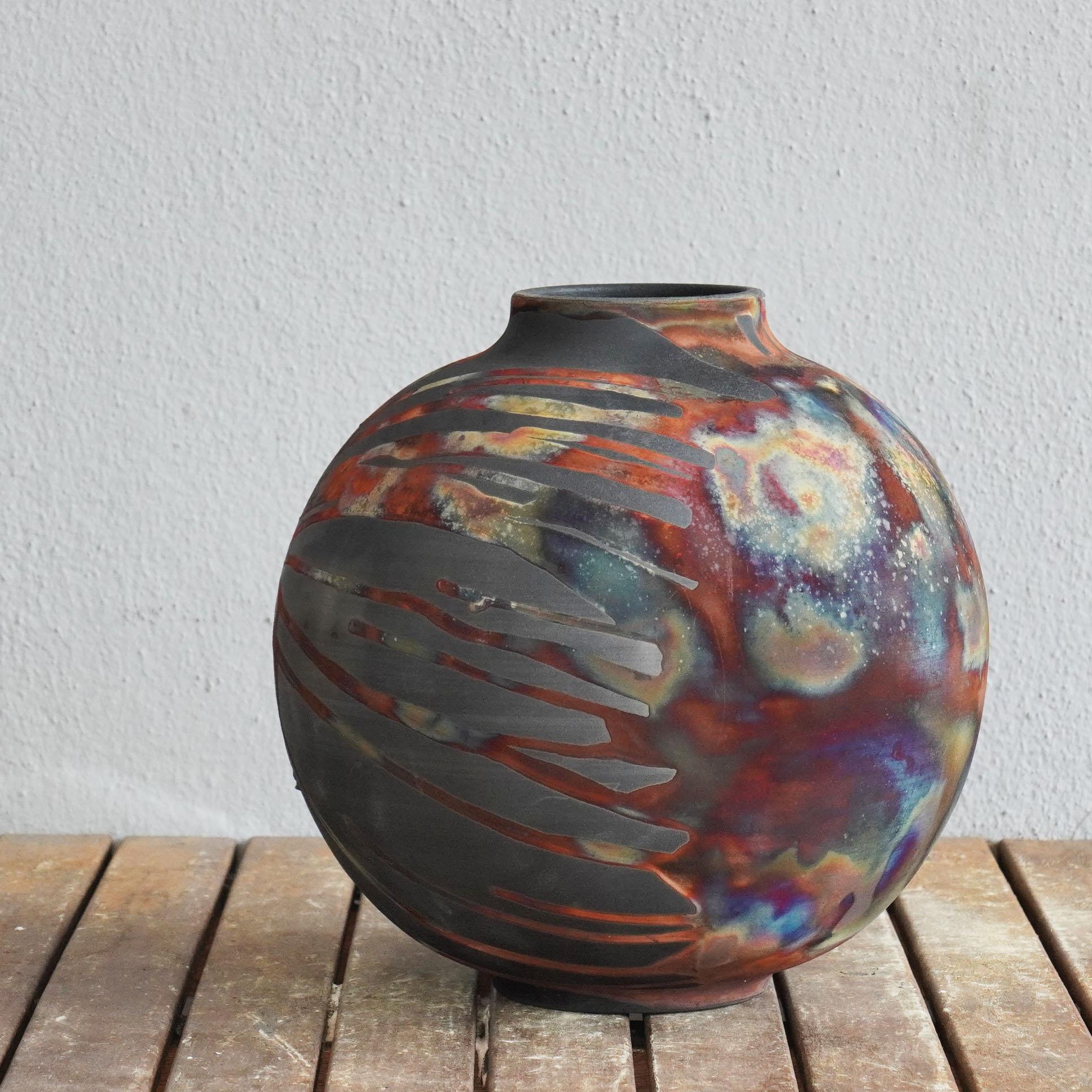 Modern Raaquu Raku Fired Large Globe Vase S/N0000426 Centerpiece Art Series, Malaysia