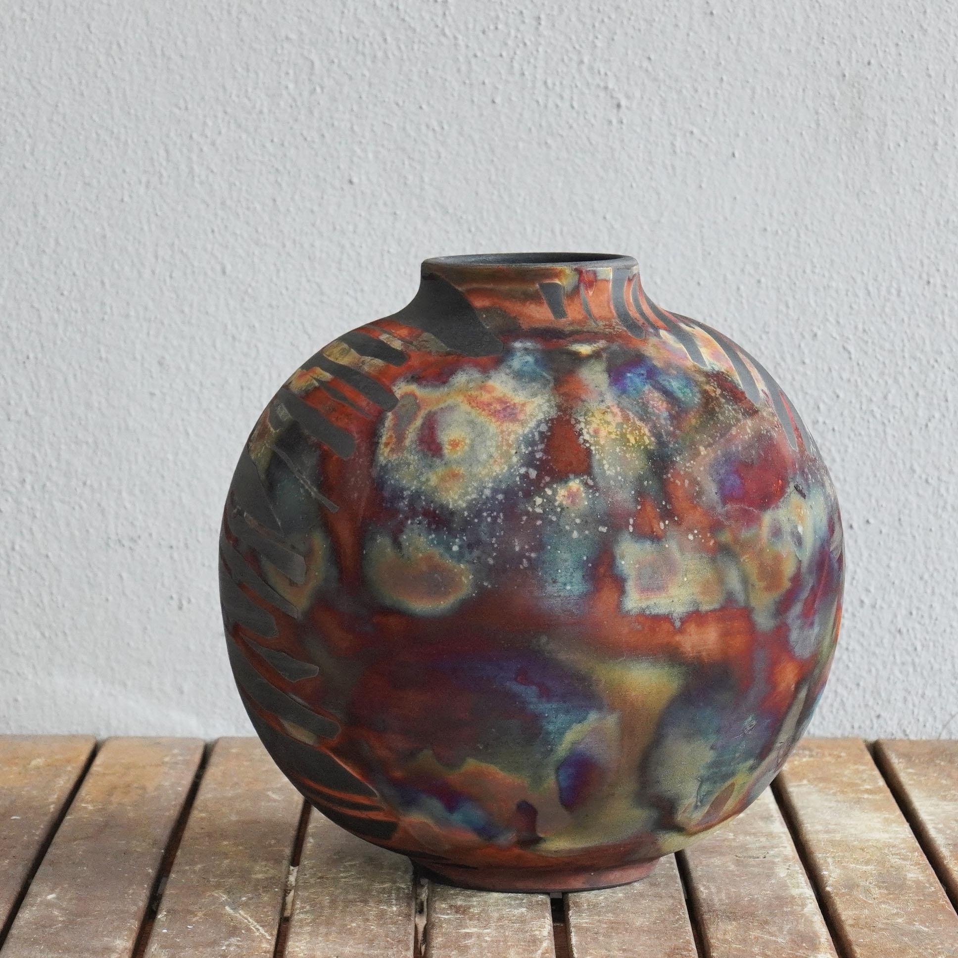 Malaysian Raaquu Raku Fired Large Globe Vase S/N0000426 Centerpiece Art Series, Malaysia