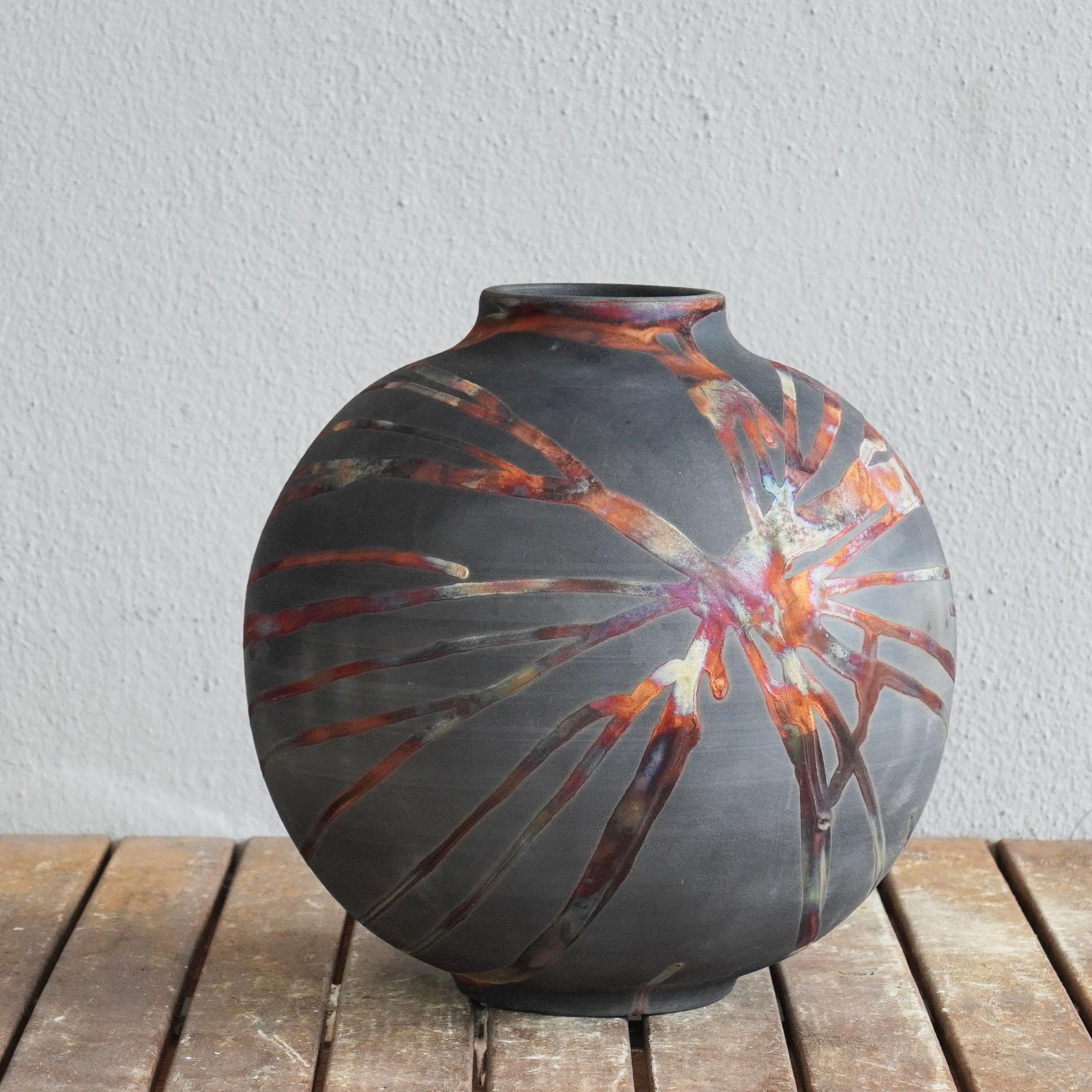 Contemporary Raaquu Raku Fired Large Globe Vase S/N0000426 Centerpiece Art Series, Malaysia