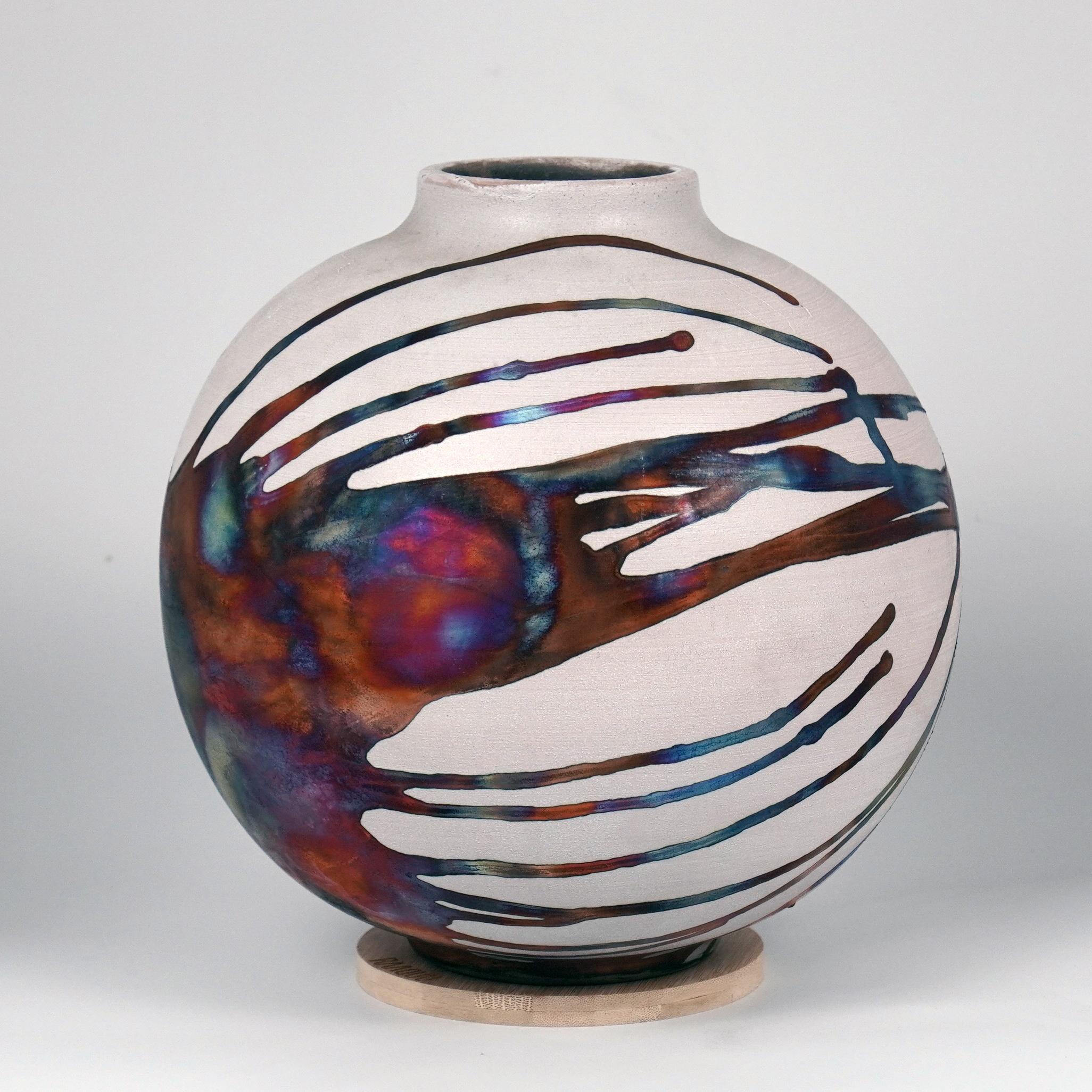 Modern Raaquu Raku Fired Large Globe Vase S/N0000427 Centerpiece Art Series For Sale