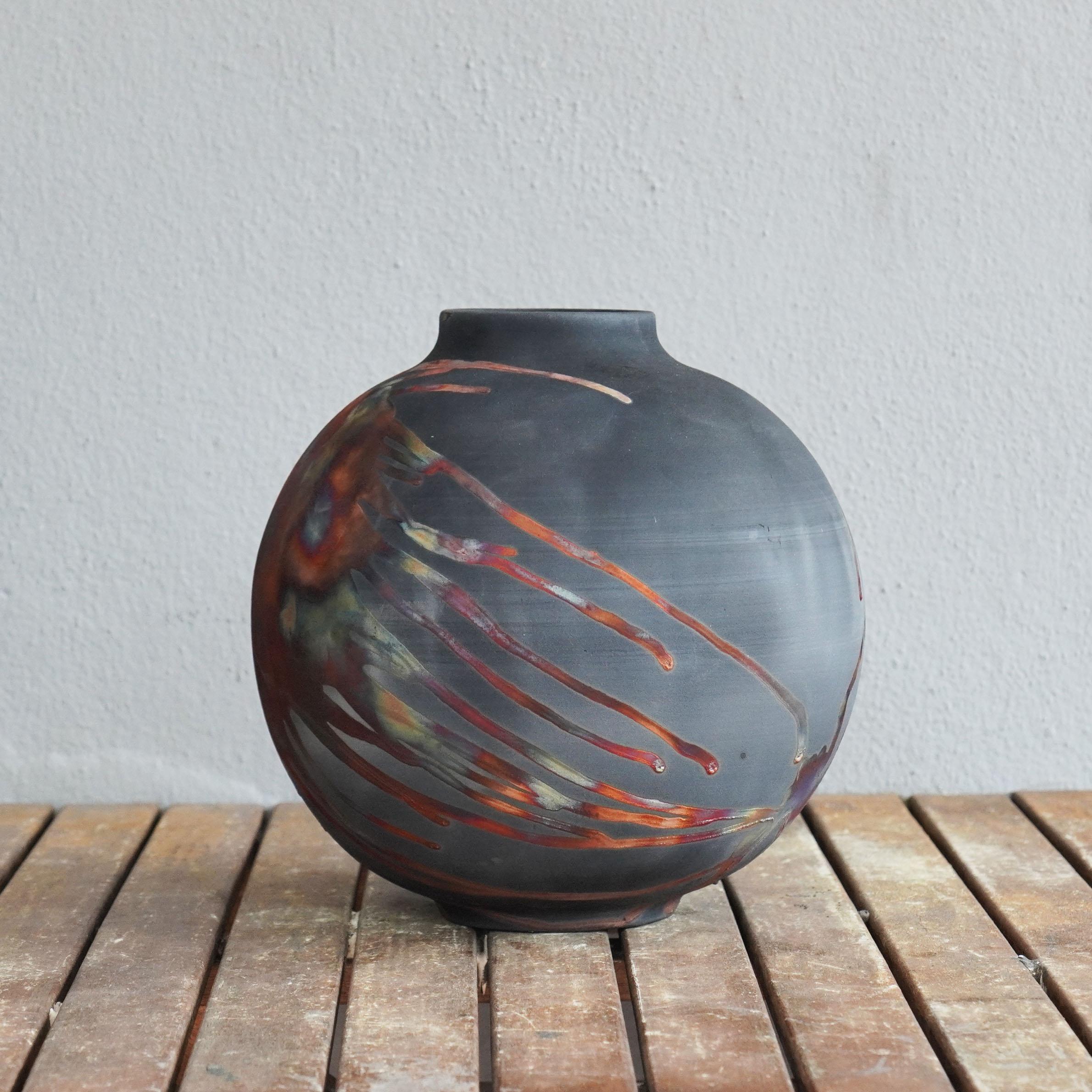 Modern Raaquu Raku Fired Large Globe Vase S/N0000429 Centerpiece Art Series, Malaysia For Sale