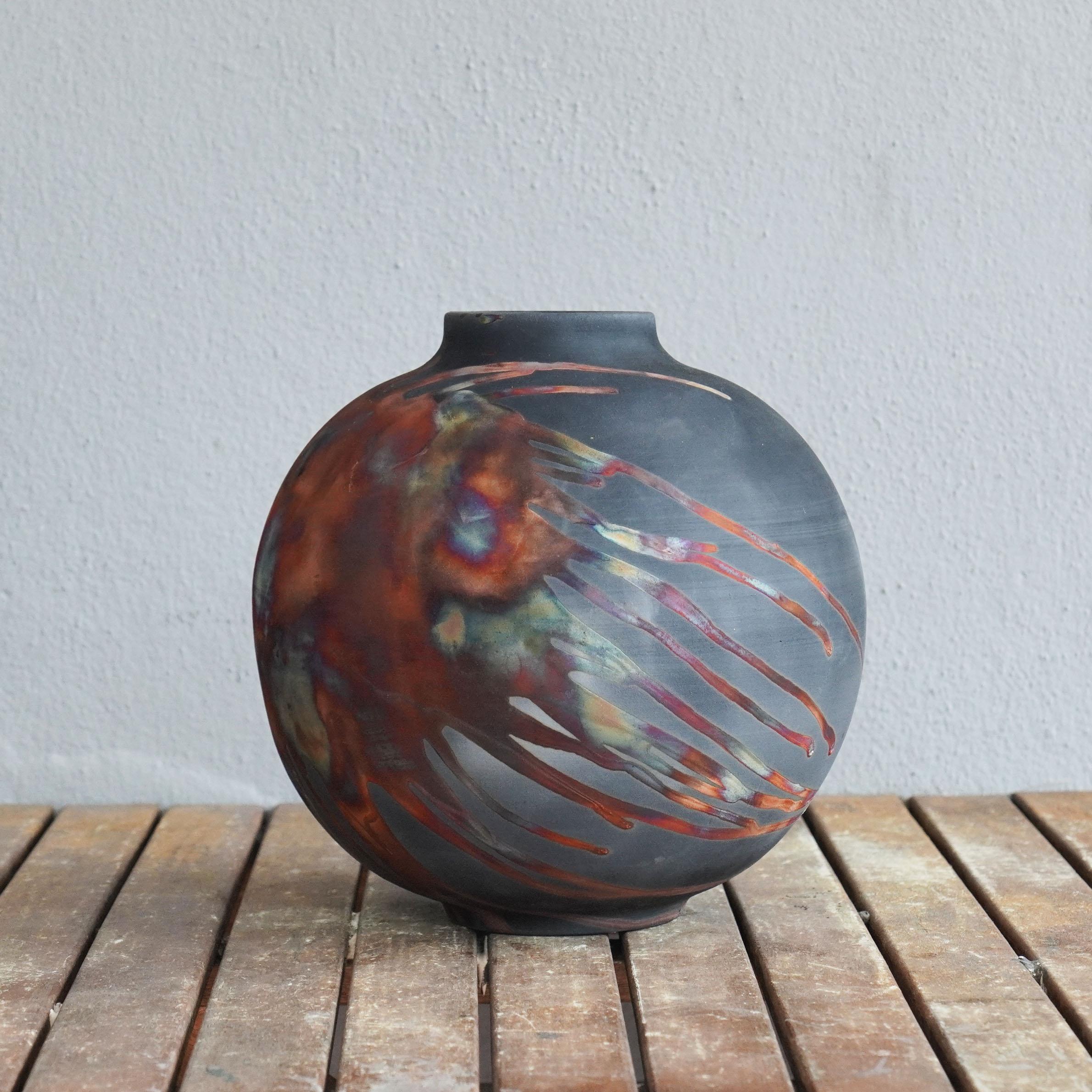 Malaysian Raaquu Raku Fired Large Globe Vase S/N0000429 Centerpiece Art Series, Malaysia For Sale